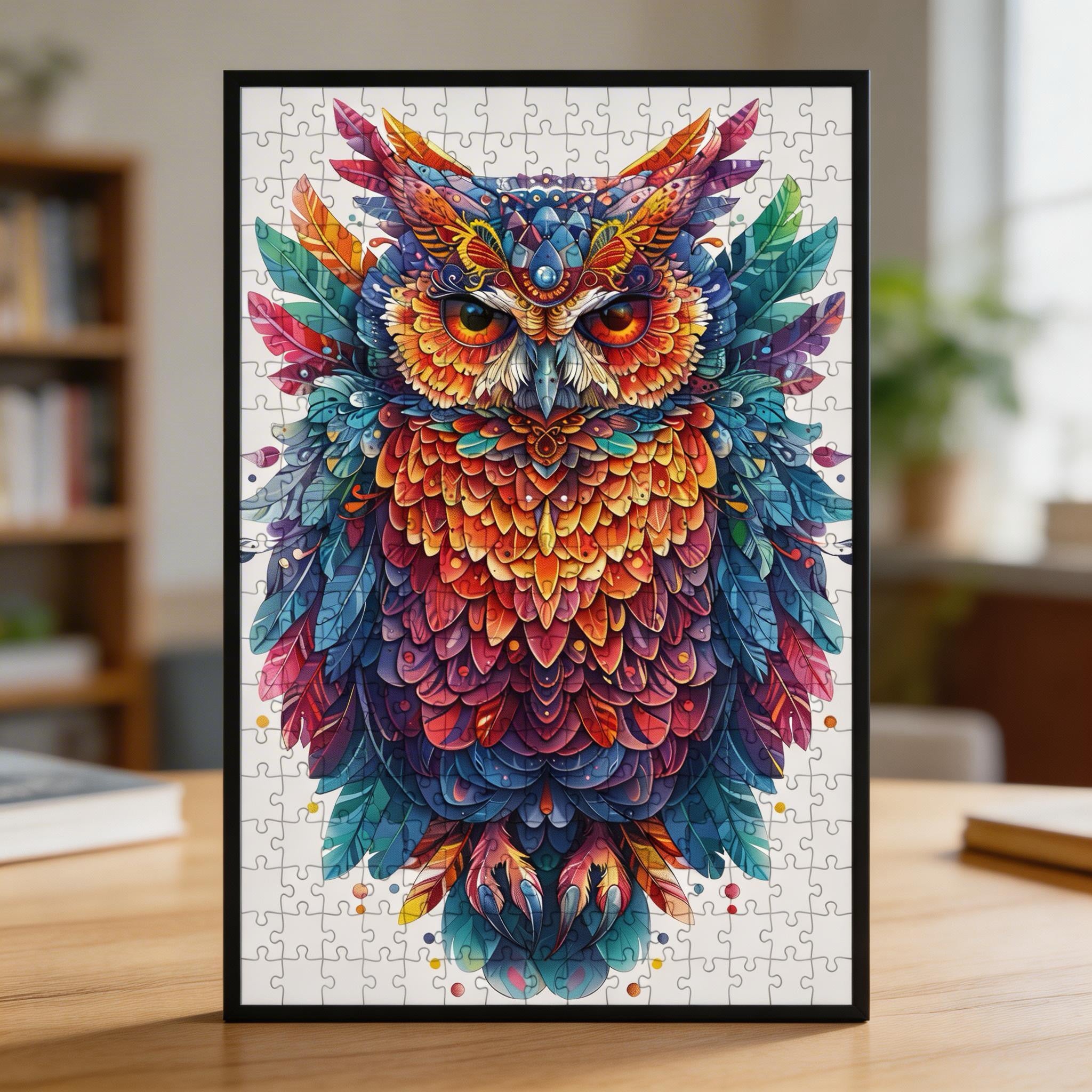 Golden Eye Owl Mandala Wooden Jigsaw Puzzle - Vibrant Bird of Wisdom Animal Shaped Wood Puzzle