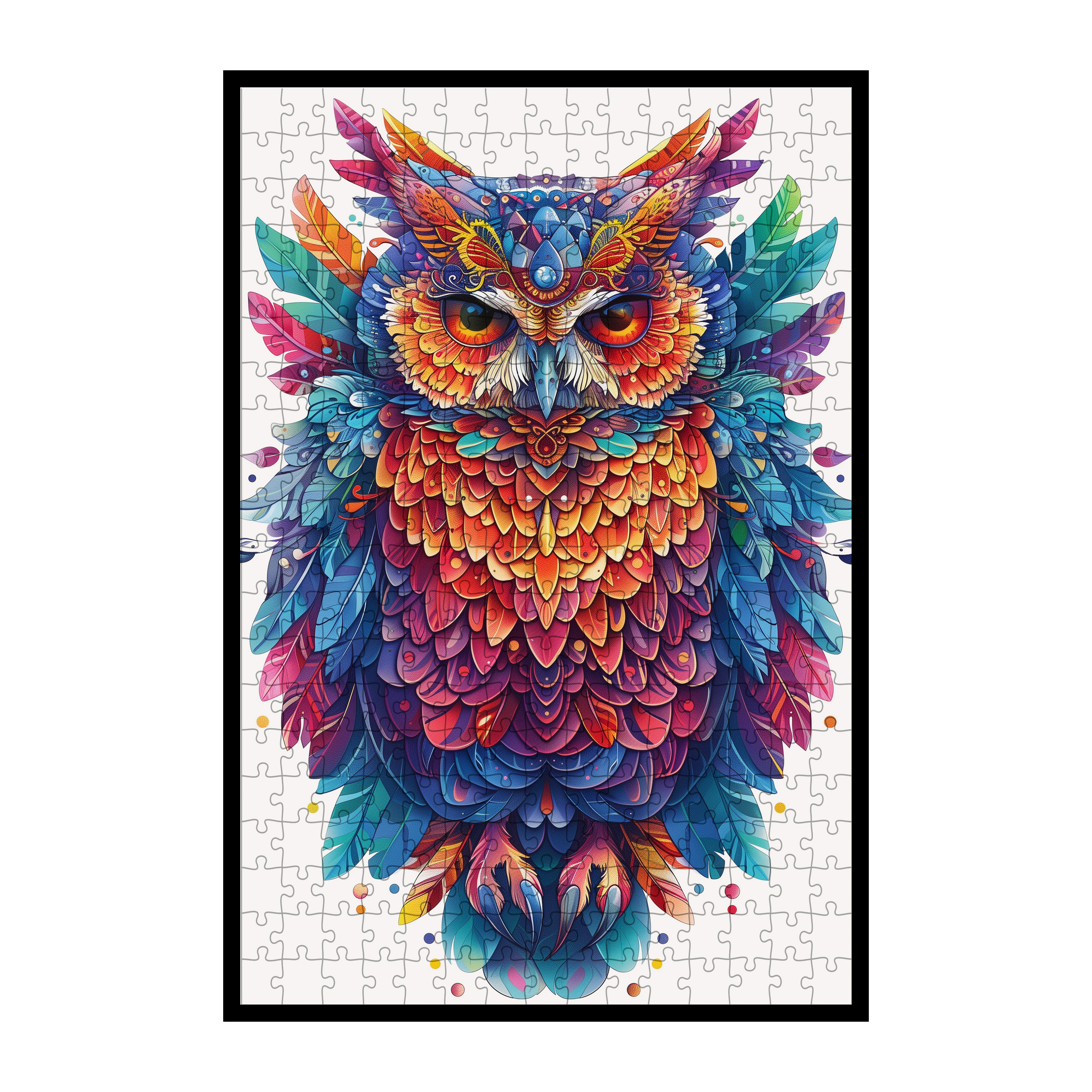 Golden Eye Owl Mandala Wooden Jigsaw Puzzle - Vibrant Bird of Wisdom Animal Shaped Wood Puzzle