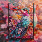 Golden Sunrise Hummingbird Mandala Wooden Jigsaw Puzzle - Vibrant Bird Shaped Wood Puzzle