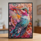 Golden Sunrise Hummingbird Mandala Wooden Jigsaw Puzzle - Vibrant Bird Shaped Wood Puzzle
