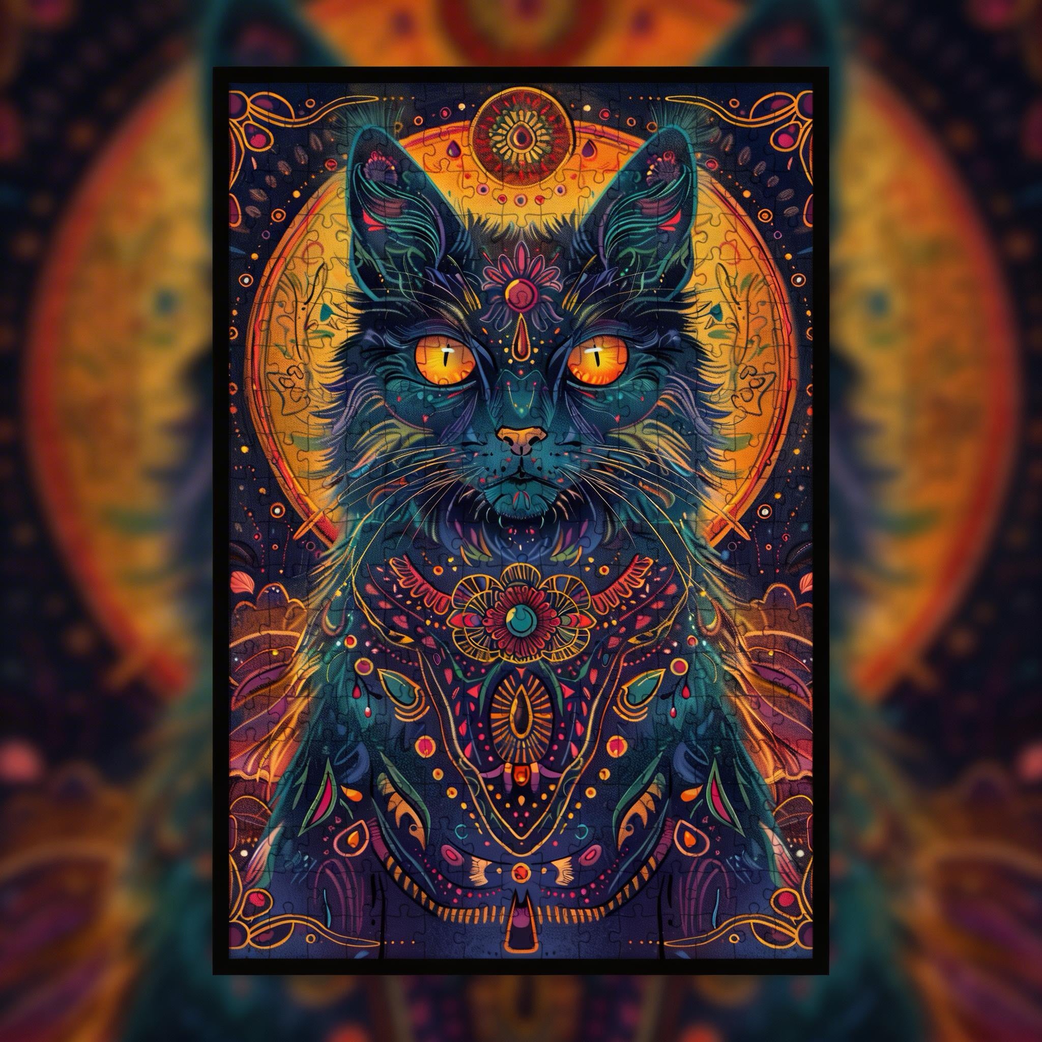 Graceful Cat Mandala Animal Shaped Wooden Jigsaw Puzzle - Unique Zen Feline Wood Puzzle for Adults