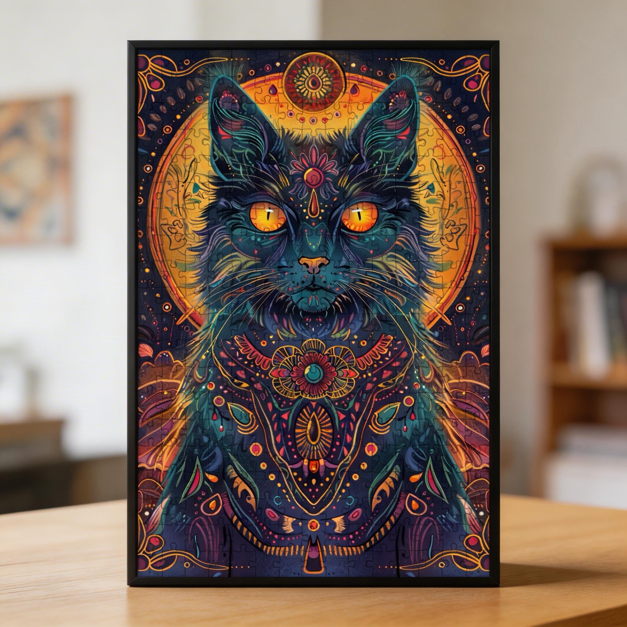 Graceful Cat Mandala Animal Shaped Wooden Jigsaw Puzzle - Unique Zen Feline Wood Puzzle for Adults