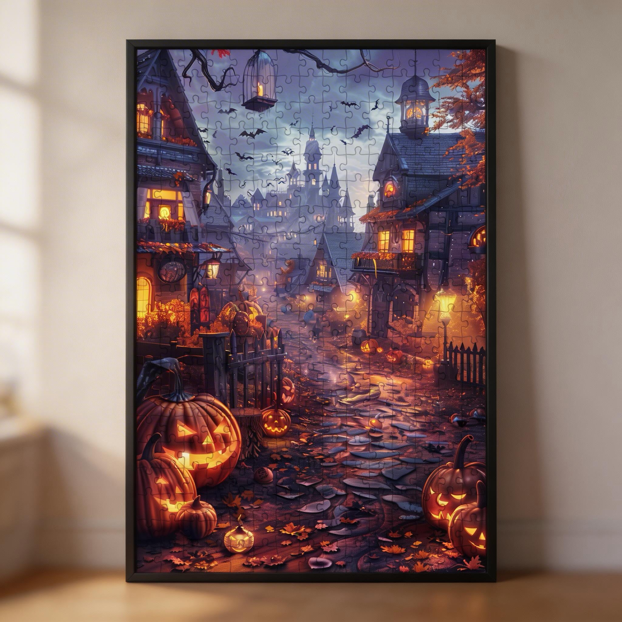 Haunted House Street Wooden Jigsaw Puzzle - Halloween Pumpkin Decor Wood Puzzle