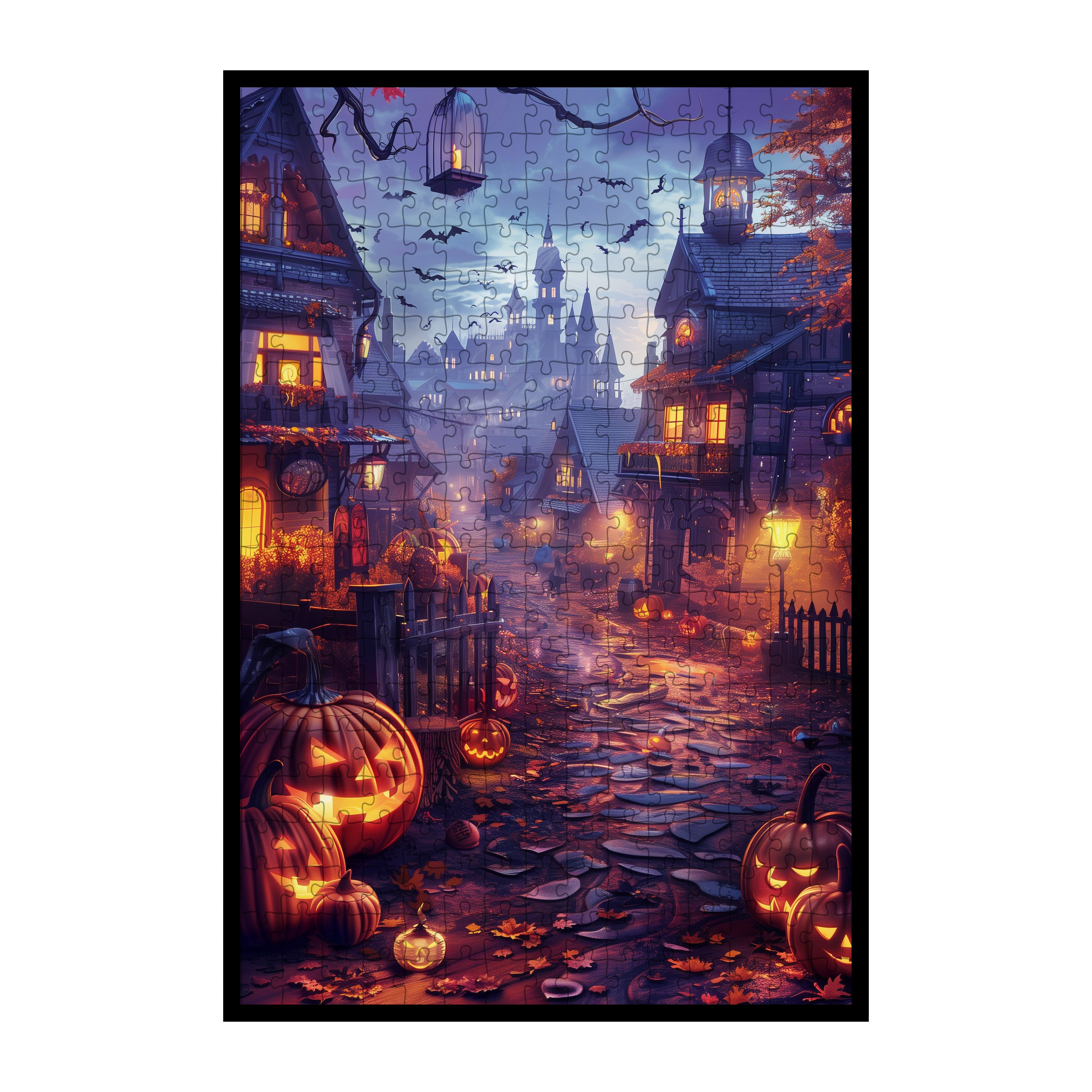 Haunted House Street Wooden Jigsaw Puzzle Framed, Halloween Pumpkin Decor