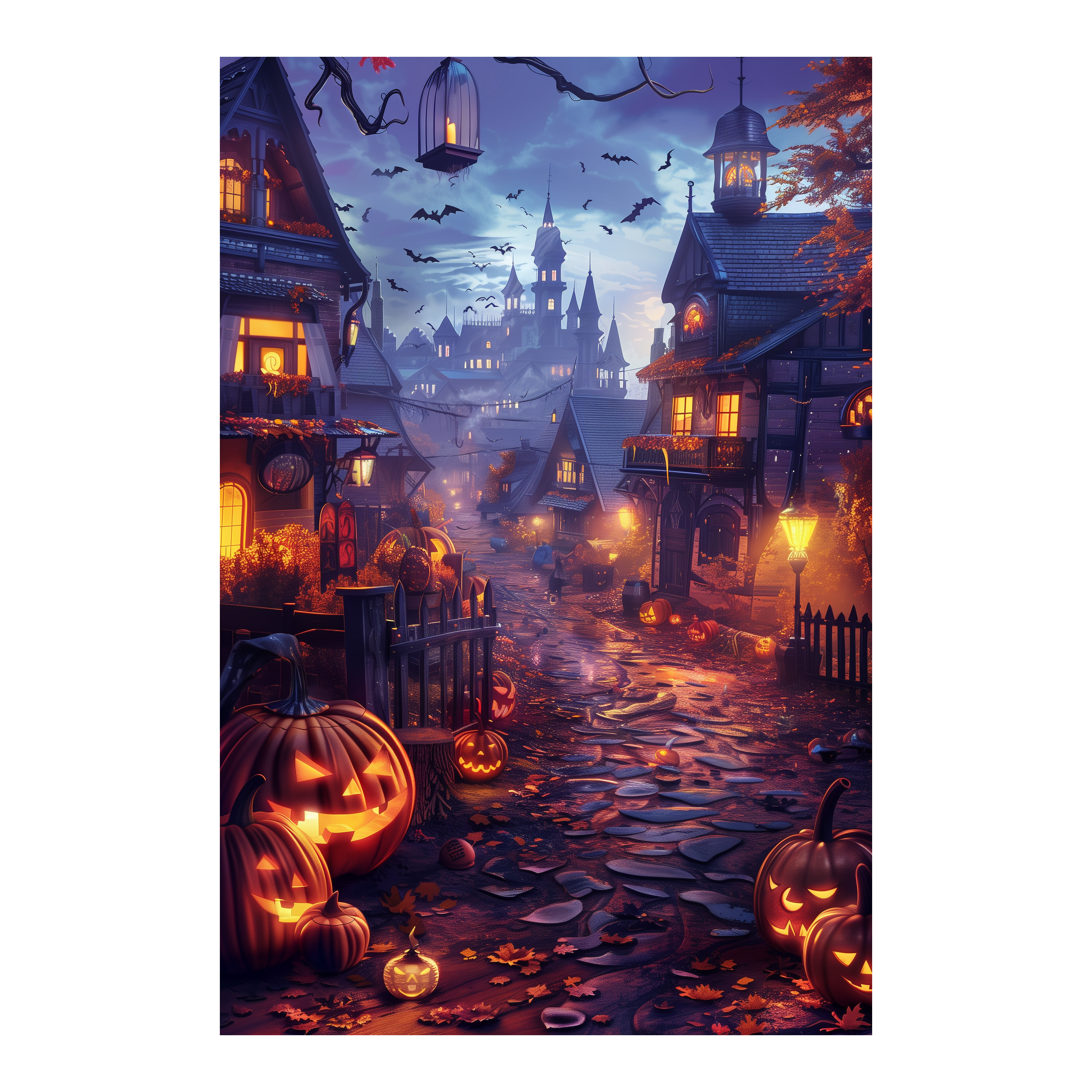 Haunted House Street Wooden Jigsaw Puzzle Framed, Halloween Pumpkin Decor