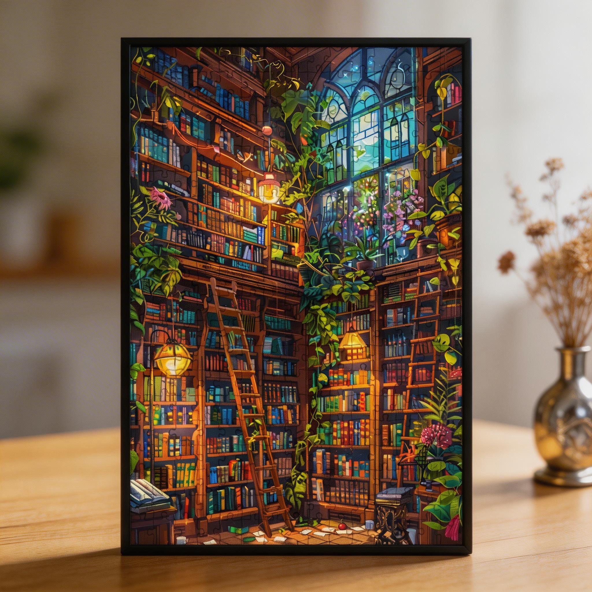 Lush Green Library Wooden Jigsaw Puzzle - Sunlit Book Lover's Study Wood Puzzle