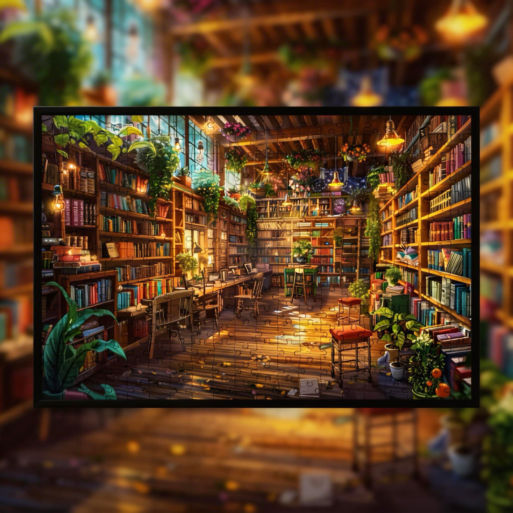 Lush Green Library Wooden Jigsaw Puzzle, Framed Sunlit Study Room Wall Art