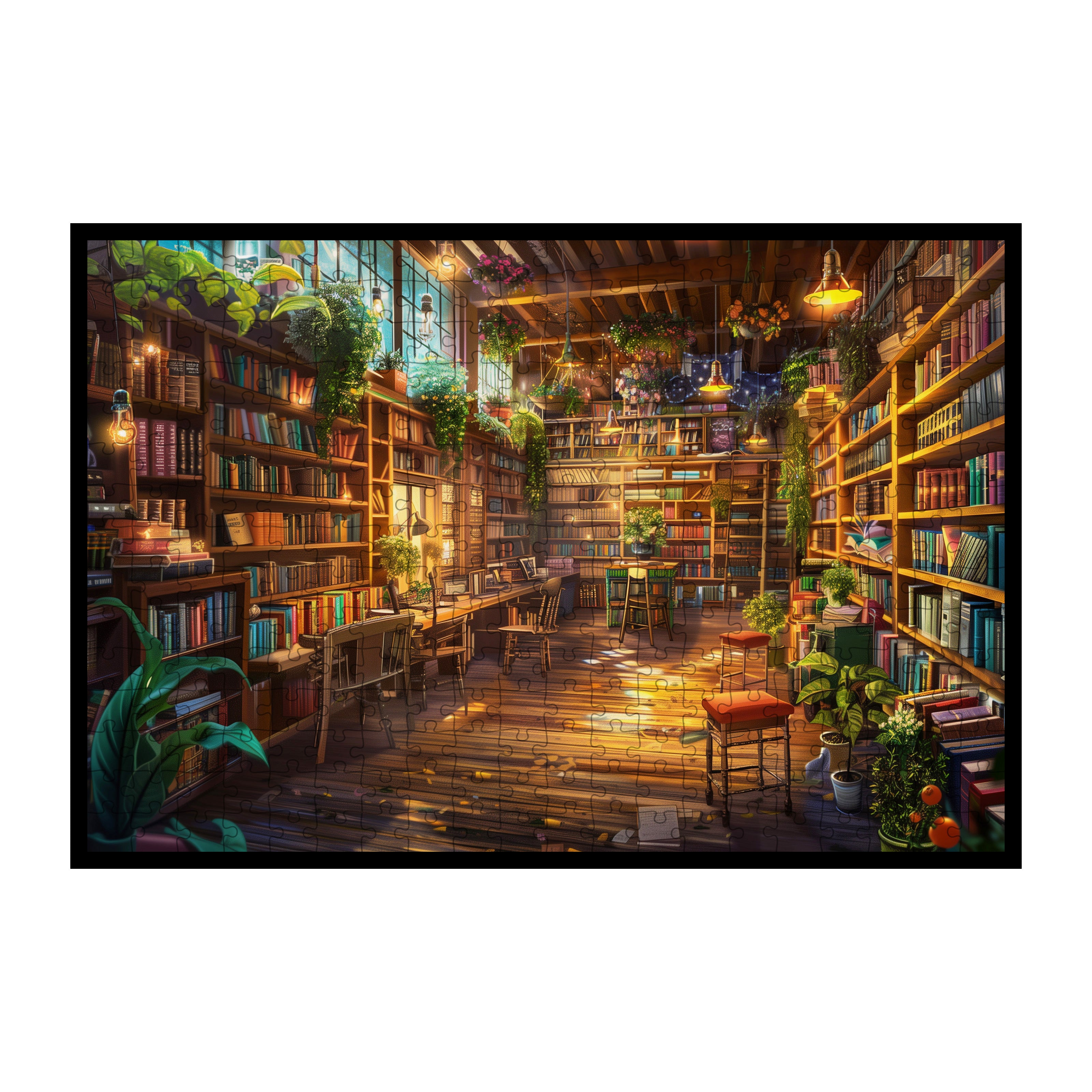 Lush Green Library Wooden Jigsaw Puzzle, Framed Sunlit Study Room Wall Art