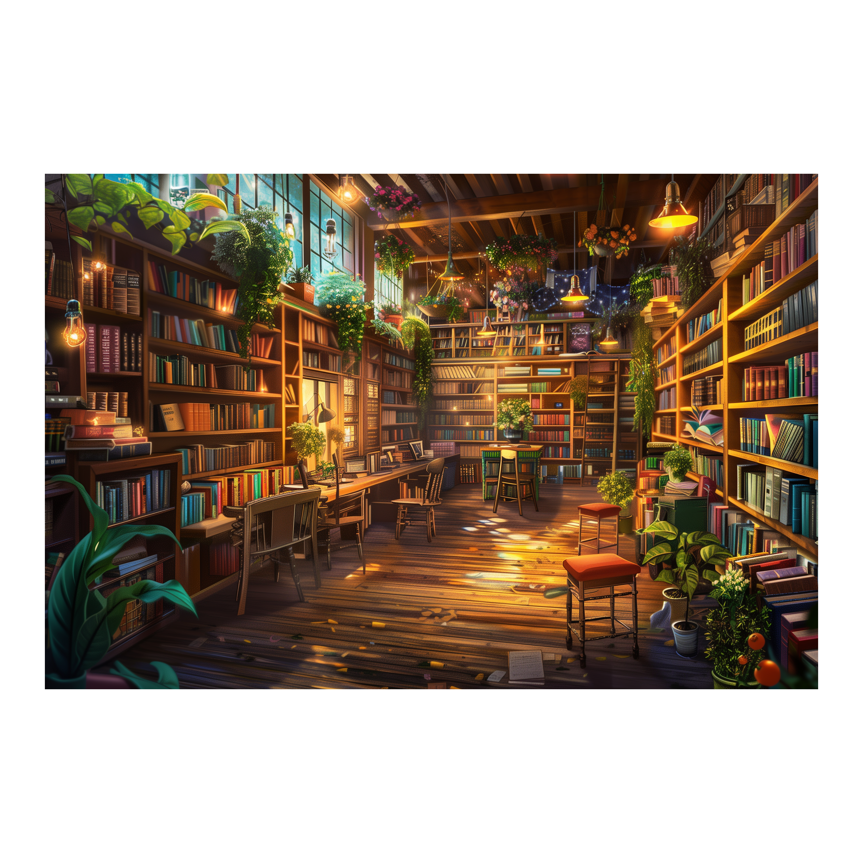 Lush Green Library Wooden Jigsaw Puzzle, Framed Sunlit Study Room Wall Art