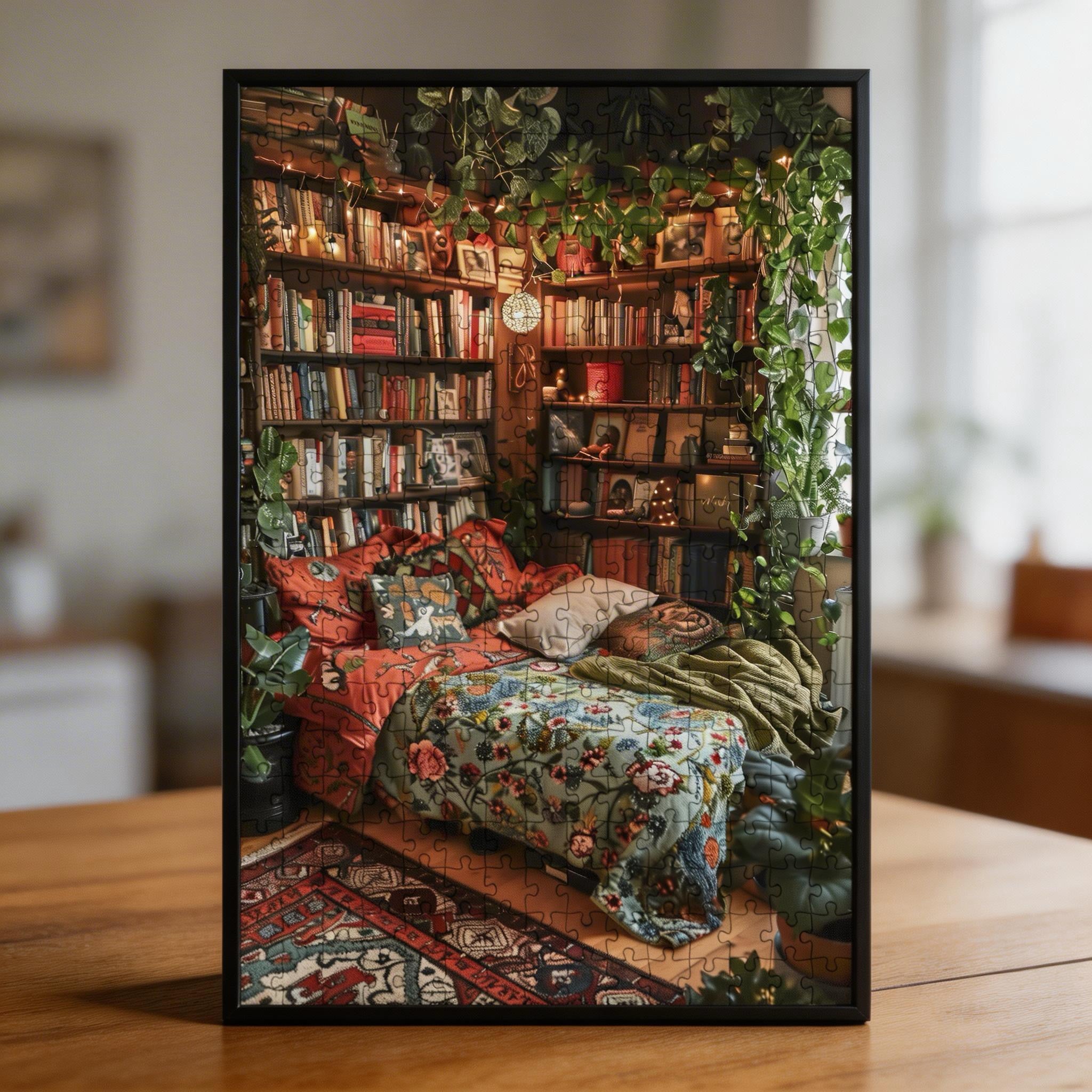 Lush Green Reading Nook Wooden Jigsaw Puzzle - Cozy Bedroom Study Wood Puzzle