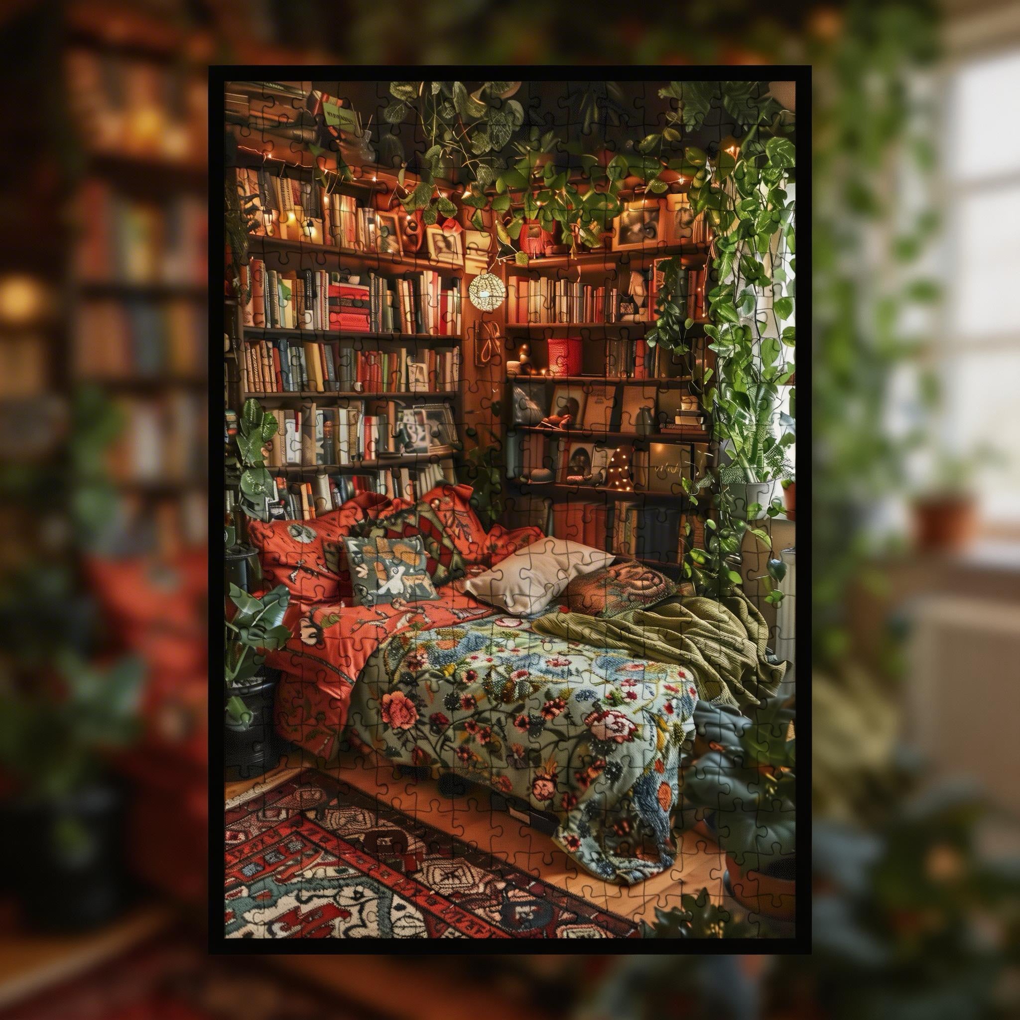 Lush Green Reading Nook Wooden Jigsaw Puzzle Framed, Cozy Home Decor