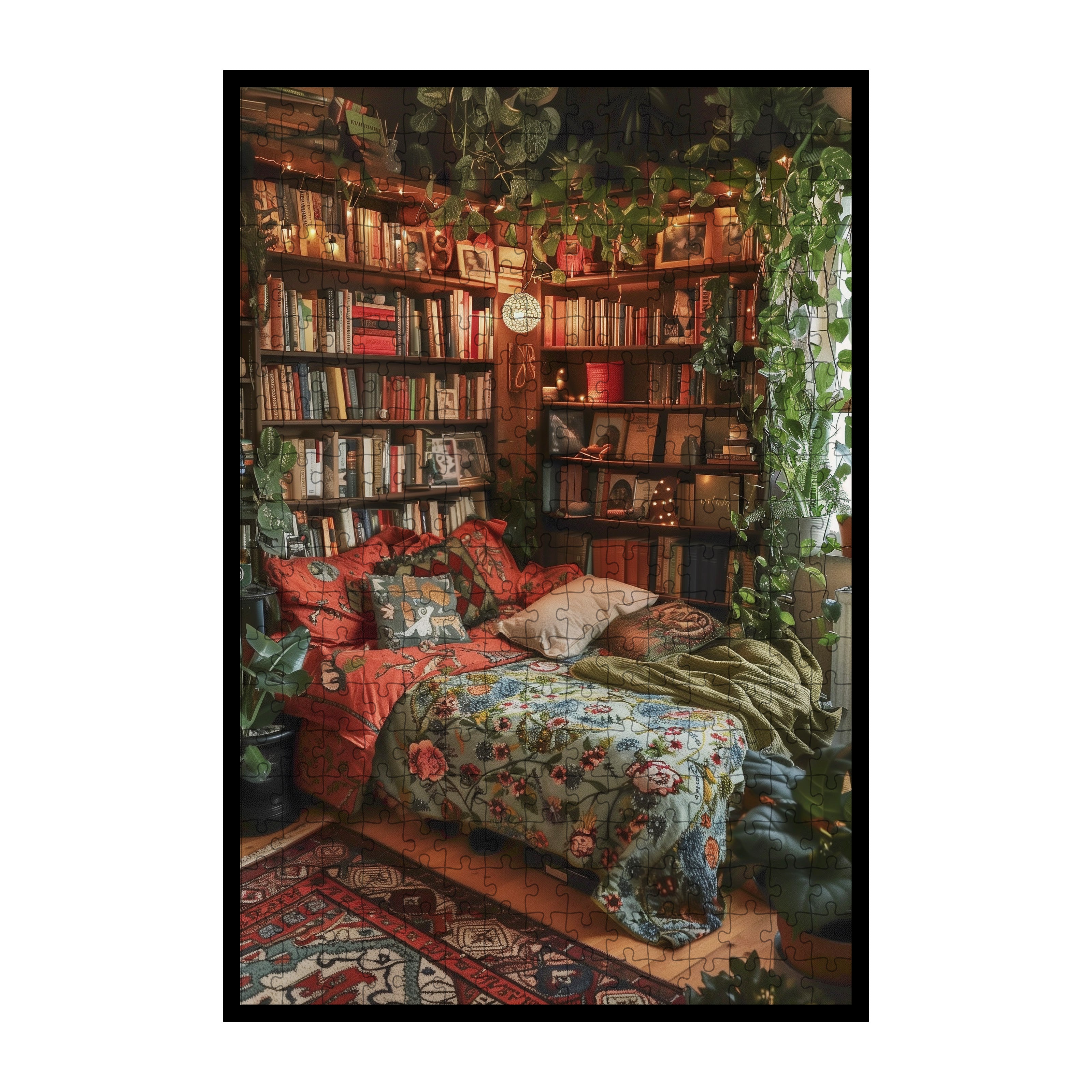 Lush Green Reading Nook Wooden Jigsaw Puzzle Framed, Cozy Home Decor