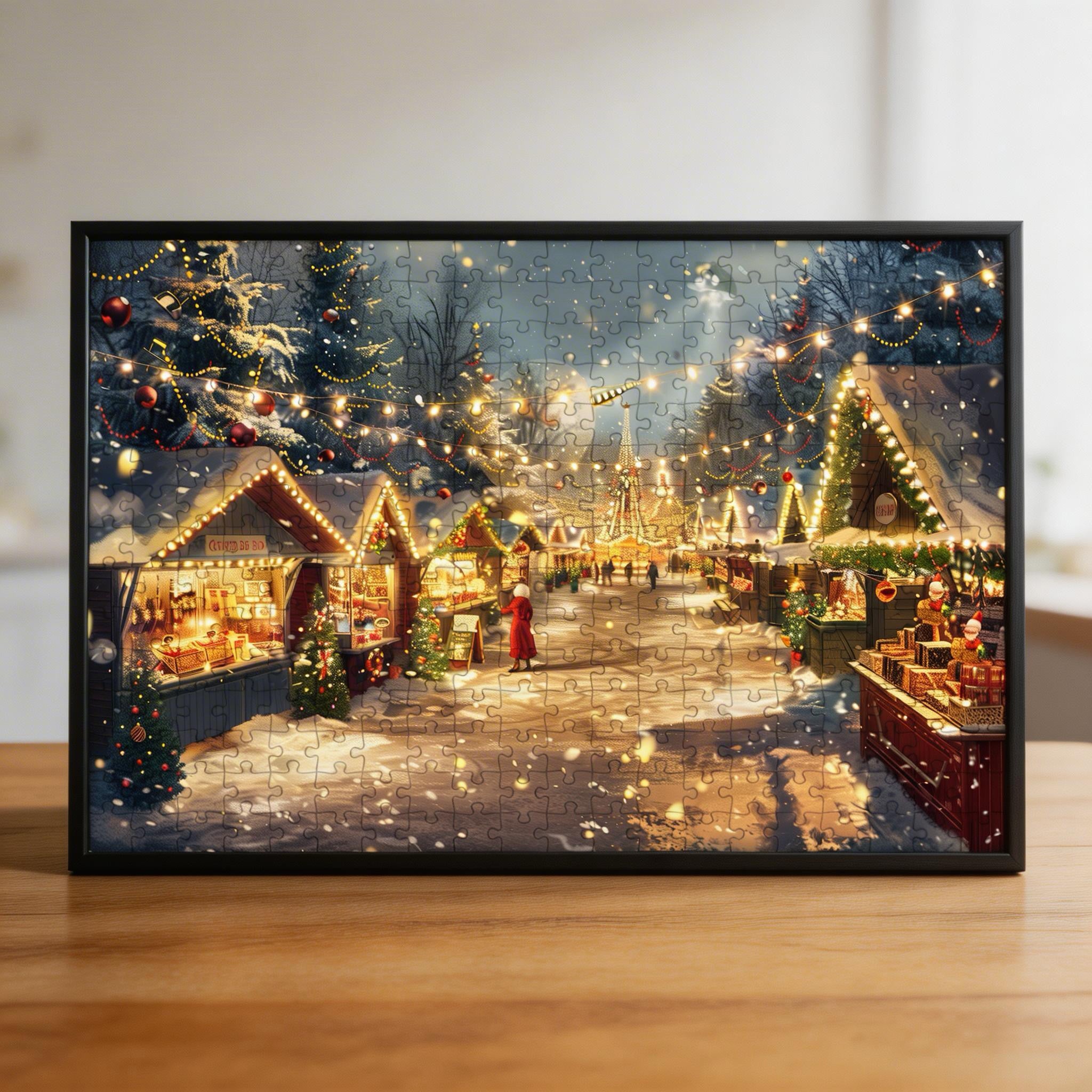 Magical Christmas Village Wooden Jigsaw Puzzle - Snowy Market Wood Puzzle for Adults
