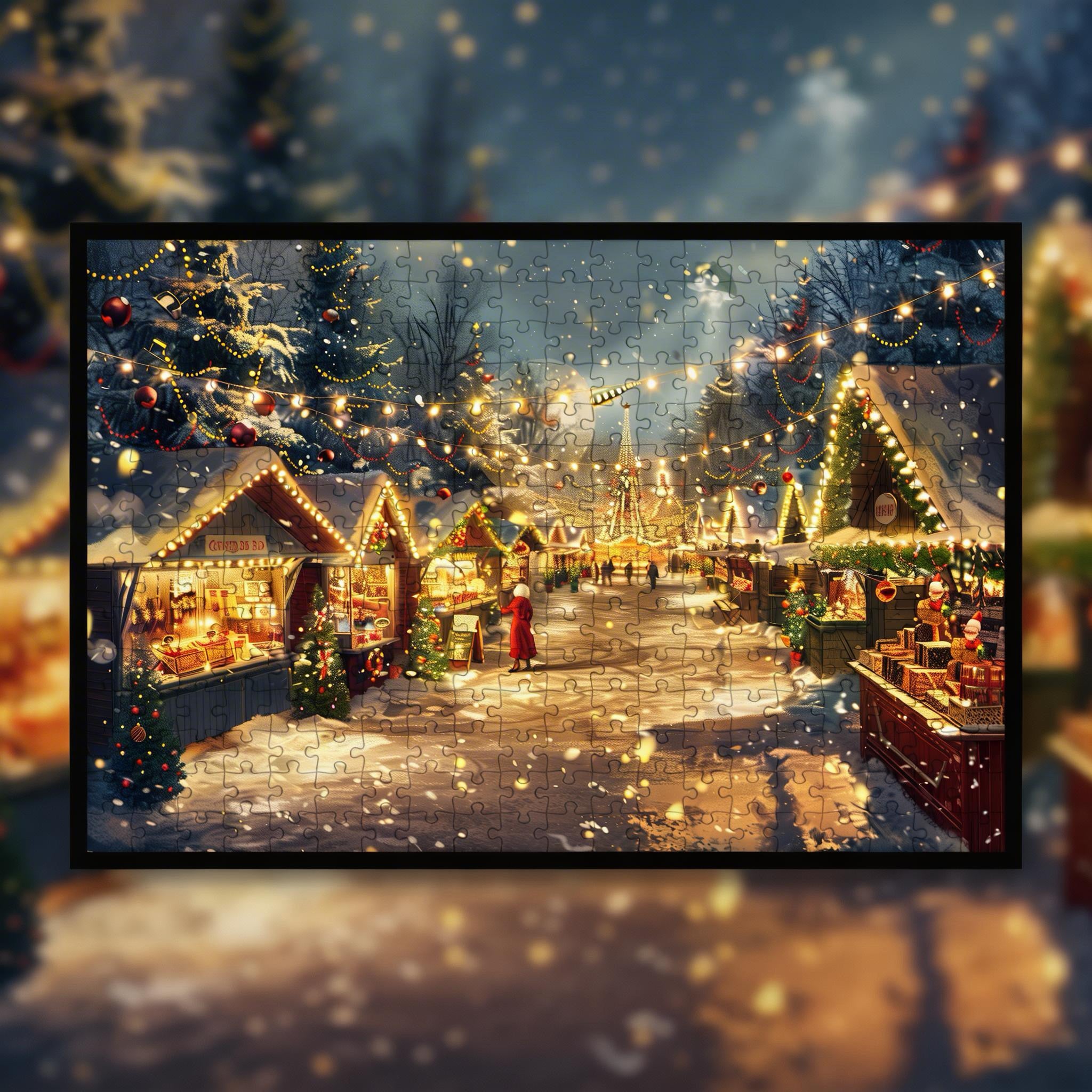 Magical Christmas Village Wooden Jigsaw Puzzle Framed, Snowy Market Decor