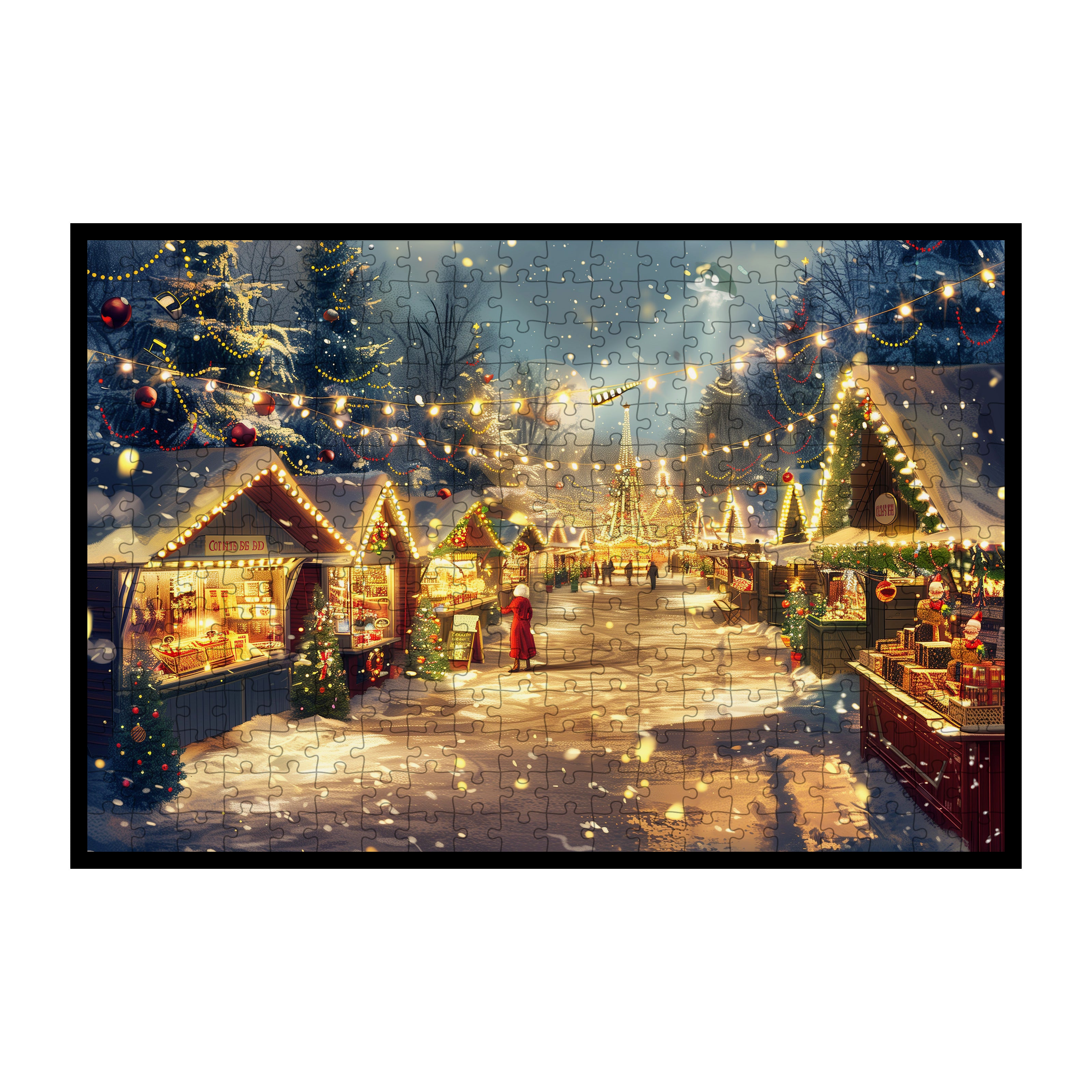 Magical Christmas Village Wooden Jigsaw Puzzle Framed, Snowy Market Decor
