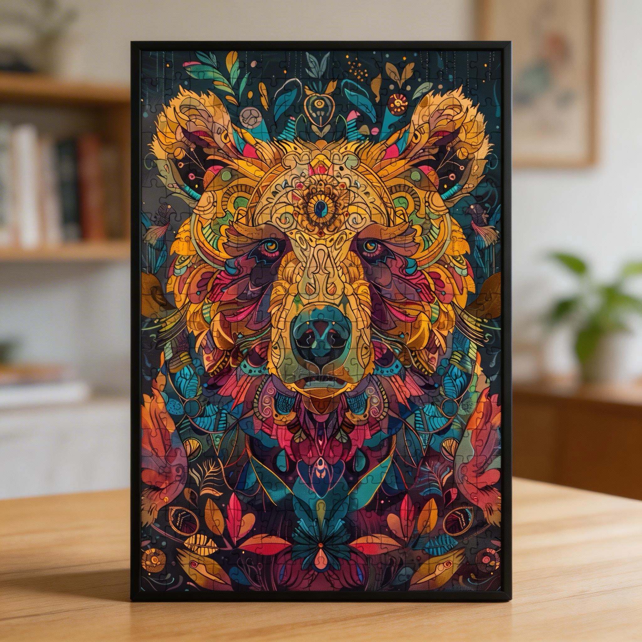 Majestic Bear Mandala Wooden Jigsaw Puzzle - Deep Blue & Gold Animal Shaped Wood Puzzle for Adults