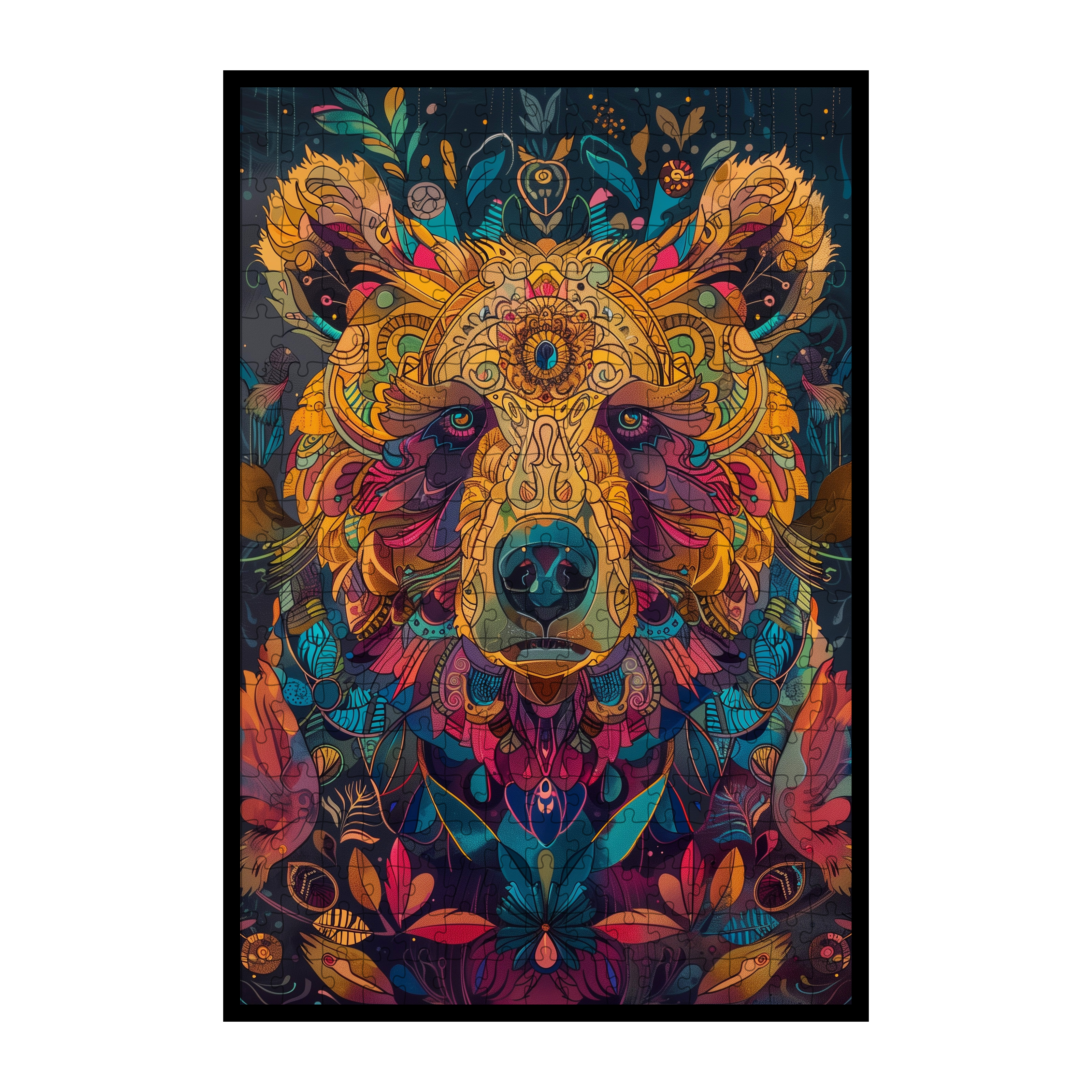 Majestic Bear Mandala Wooden Jigsaw Puzzle - Deep Blue & Gold Animal Shaped Wood Puzzle for Adults