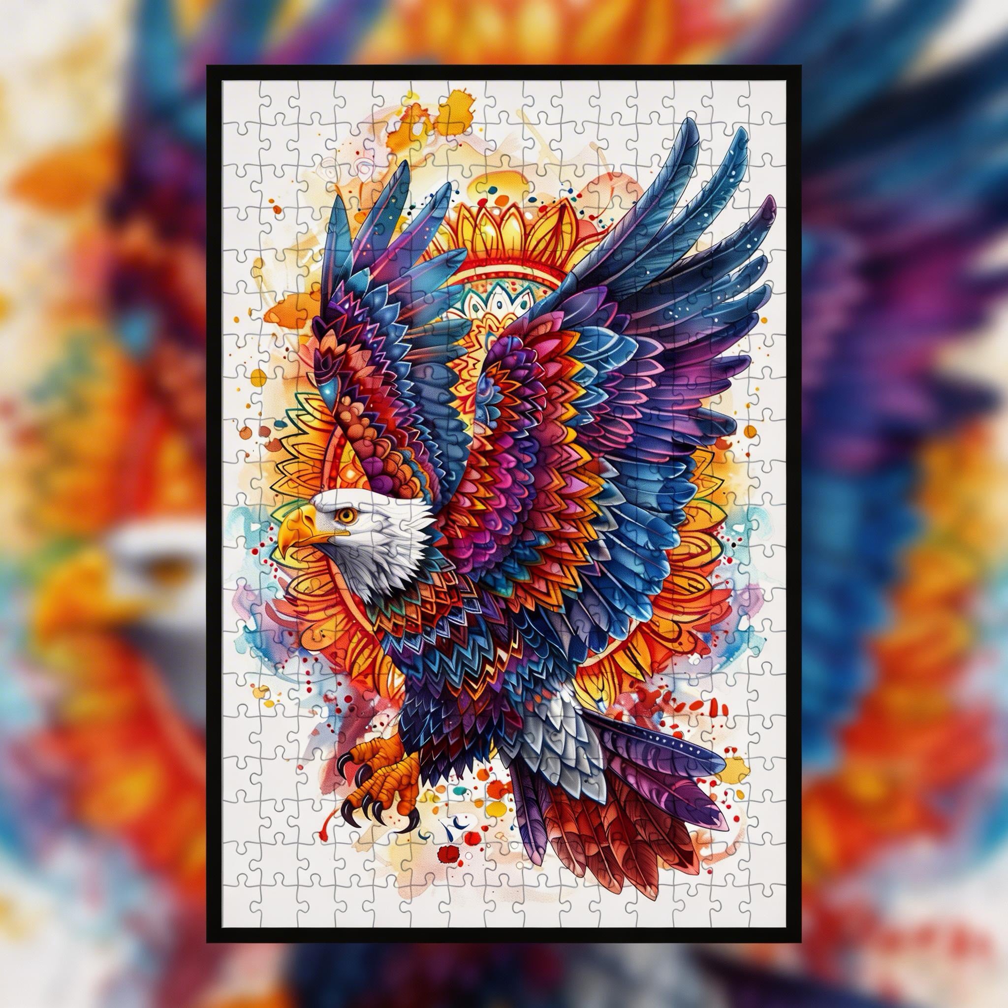 Majestic Eagle Mandala Wooden Jigsaw Puzzle - Bold Bird of Prey Animal Shaped Wood Puzzle - Patriotic Art Gift