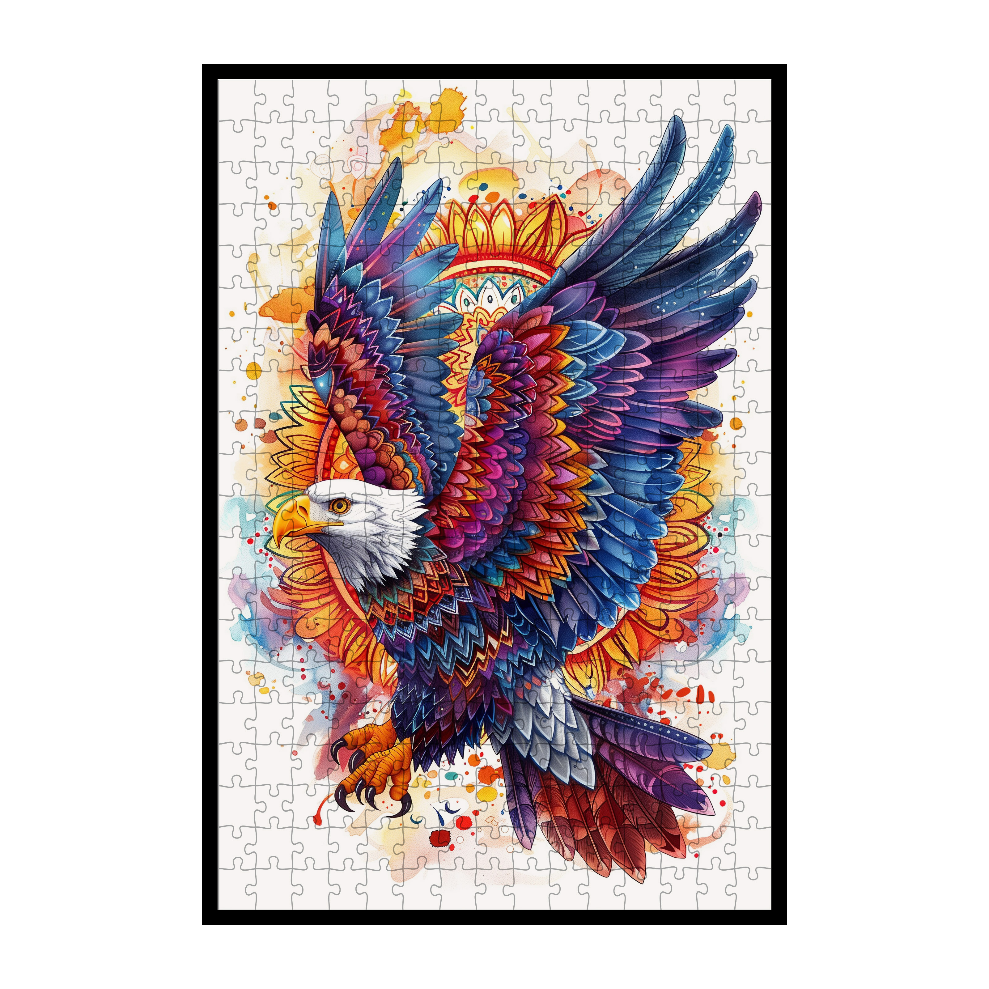 Majestic Eagle Mandala Wooden Jigsaw Puzzle - Bold Bird of Prey Animal Shaped Wood Puzzle - Patriotic Art Gift