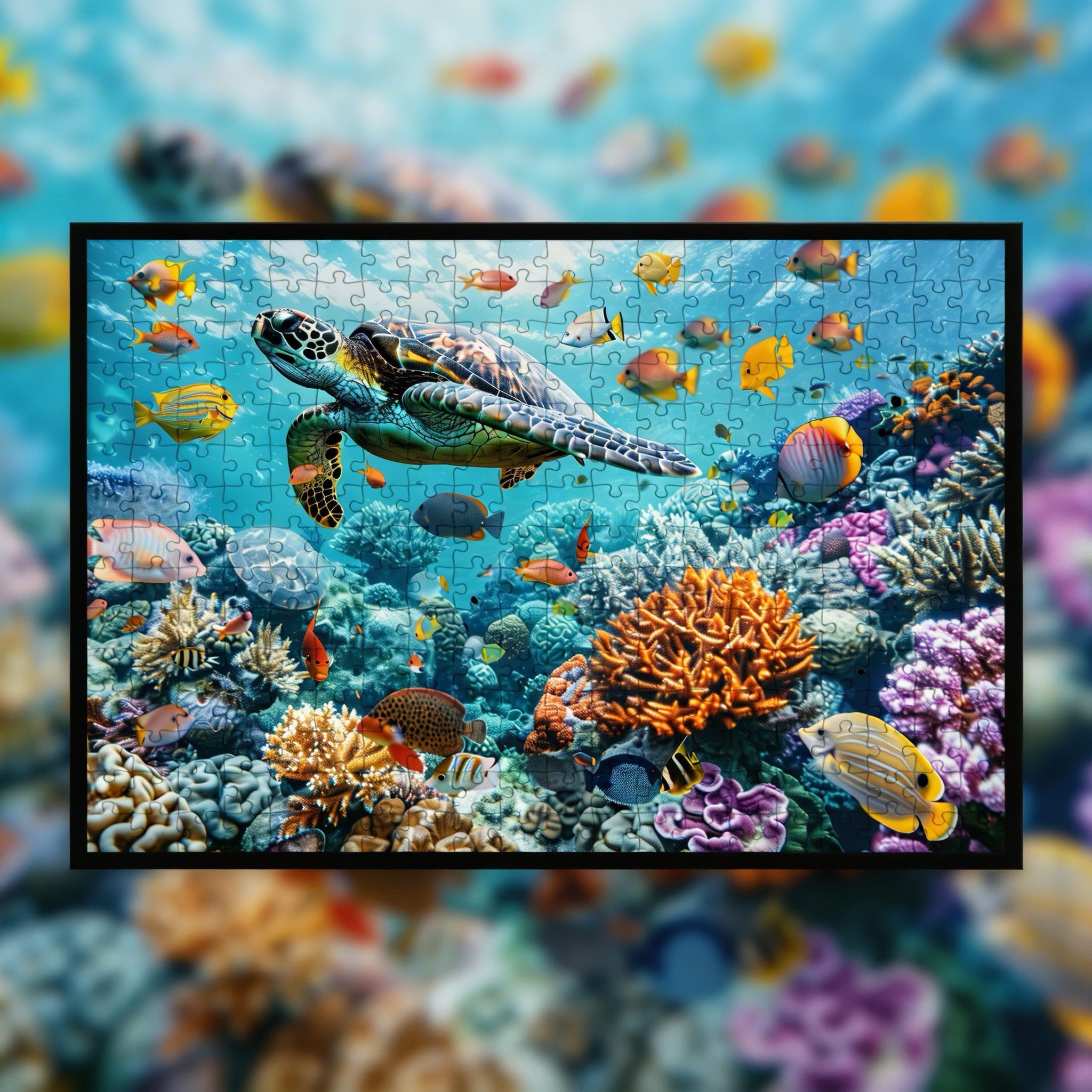 Majestic Sea Turtle Wooden Jigsaw Puzzle Framed, Underwater Paradise Wall Art