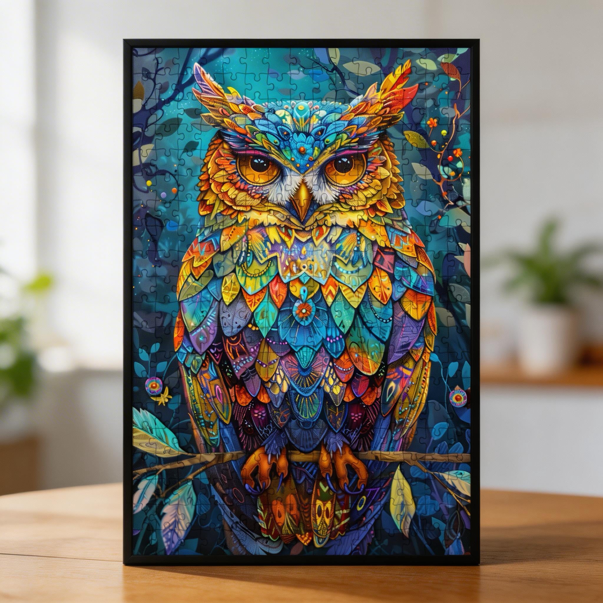 Rainbow Mandala Owl Wooden Jigsaw Puzzle - Colorful Bohemian Bird Wood Puzzle