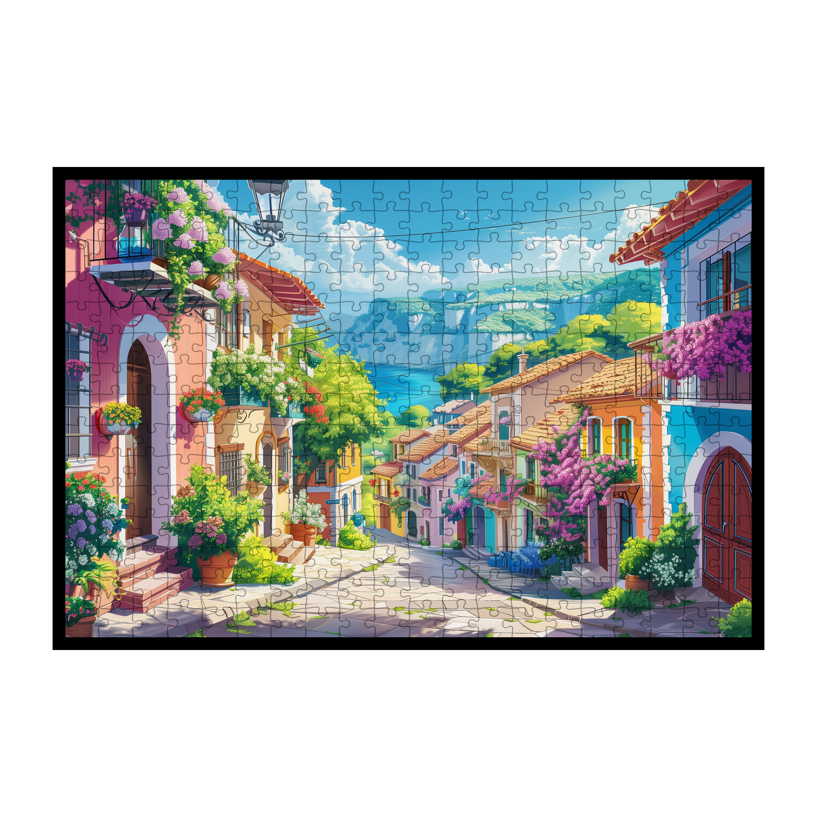 Mediterranean Coastal Town Wooden Jigsaw Puzzle - Scenic Landscape Wood Puzzle for Adults