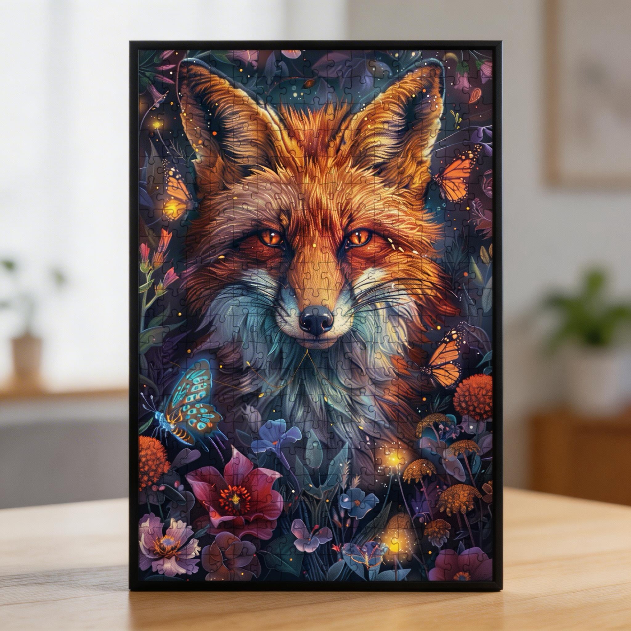 Midnight Red Fox Shaped Wooden Jigsaw Puzzle - Floral Wildlife Wood Puzzle for Adults