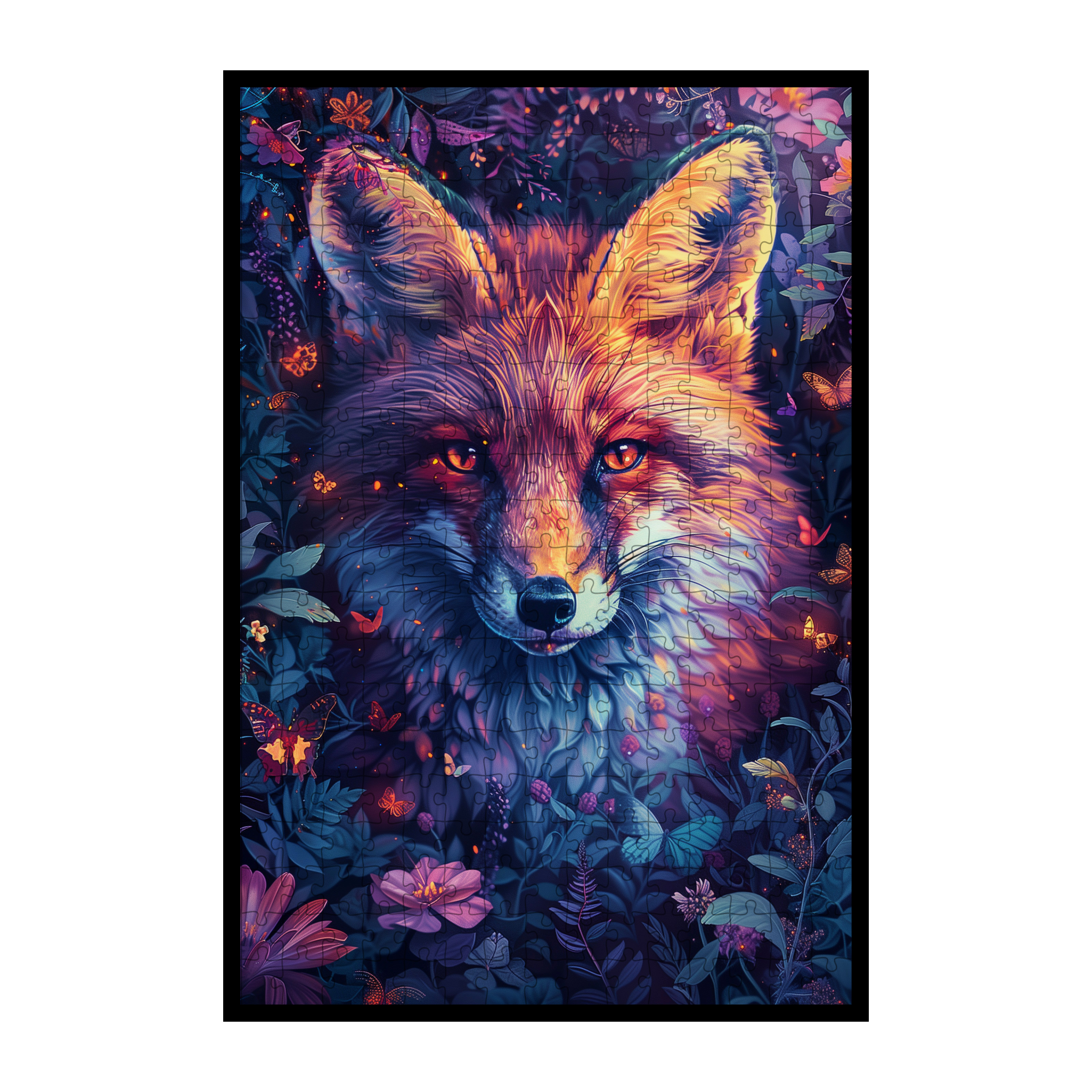 Midnight Red Fox Shaped Wooden Jigsaw Puzzle - Floral Wildlife Wood Puzzle for Adults