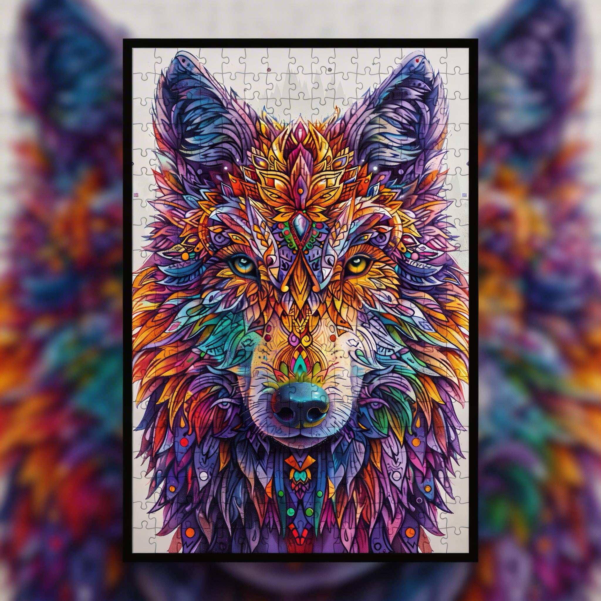 Midnight Wolf Mandala Wooden Jigsaw Puzzle - Bold Silhouette Animal Shaped Wood Puzzle - Premium Gift