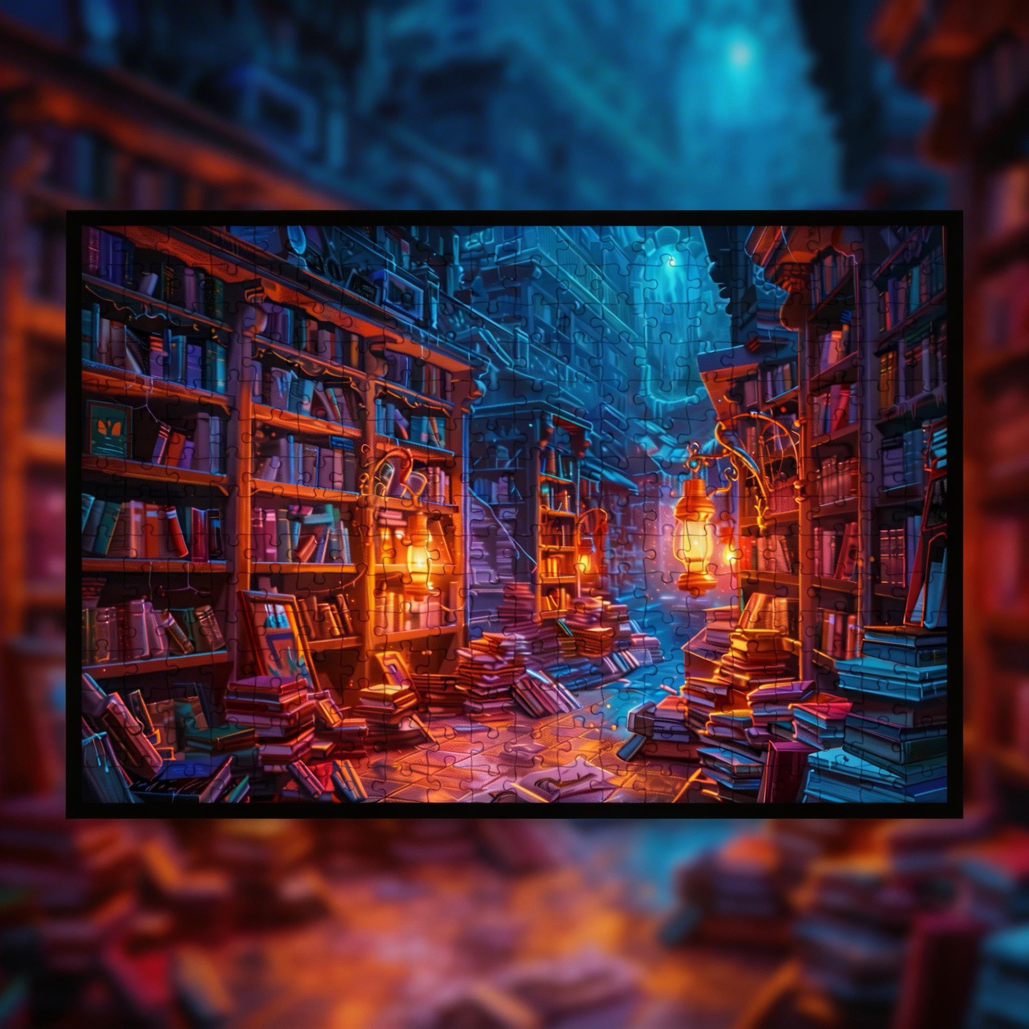 Mystical Dark Library Wooden Jigsaw Puzzle Framed, Fantasy Book Lover Decor
