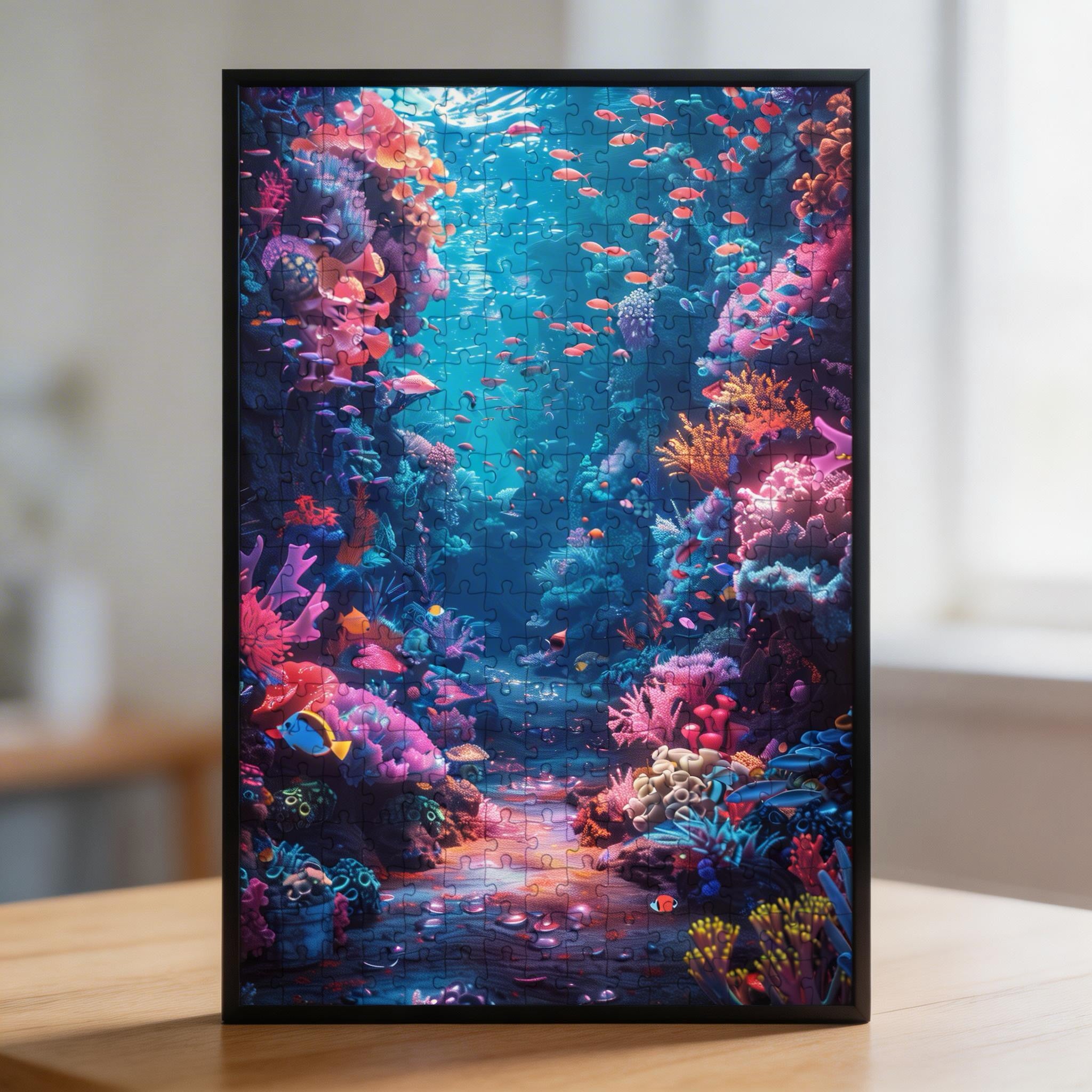 Neon Coral Reef Wooden Jigsaw Puzzle - Vibrant Ocean Wildlife Wood Puzzle for Adults