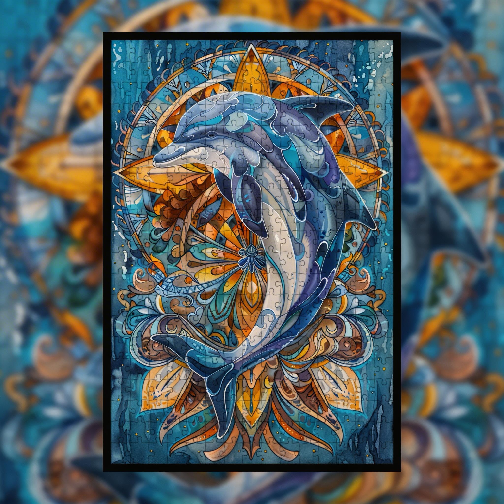 Ocean Breeze Dolphin Mandala Wooden Jigsaw Puzzle - Serene Marine Animal Shaped Wood Puzzle