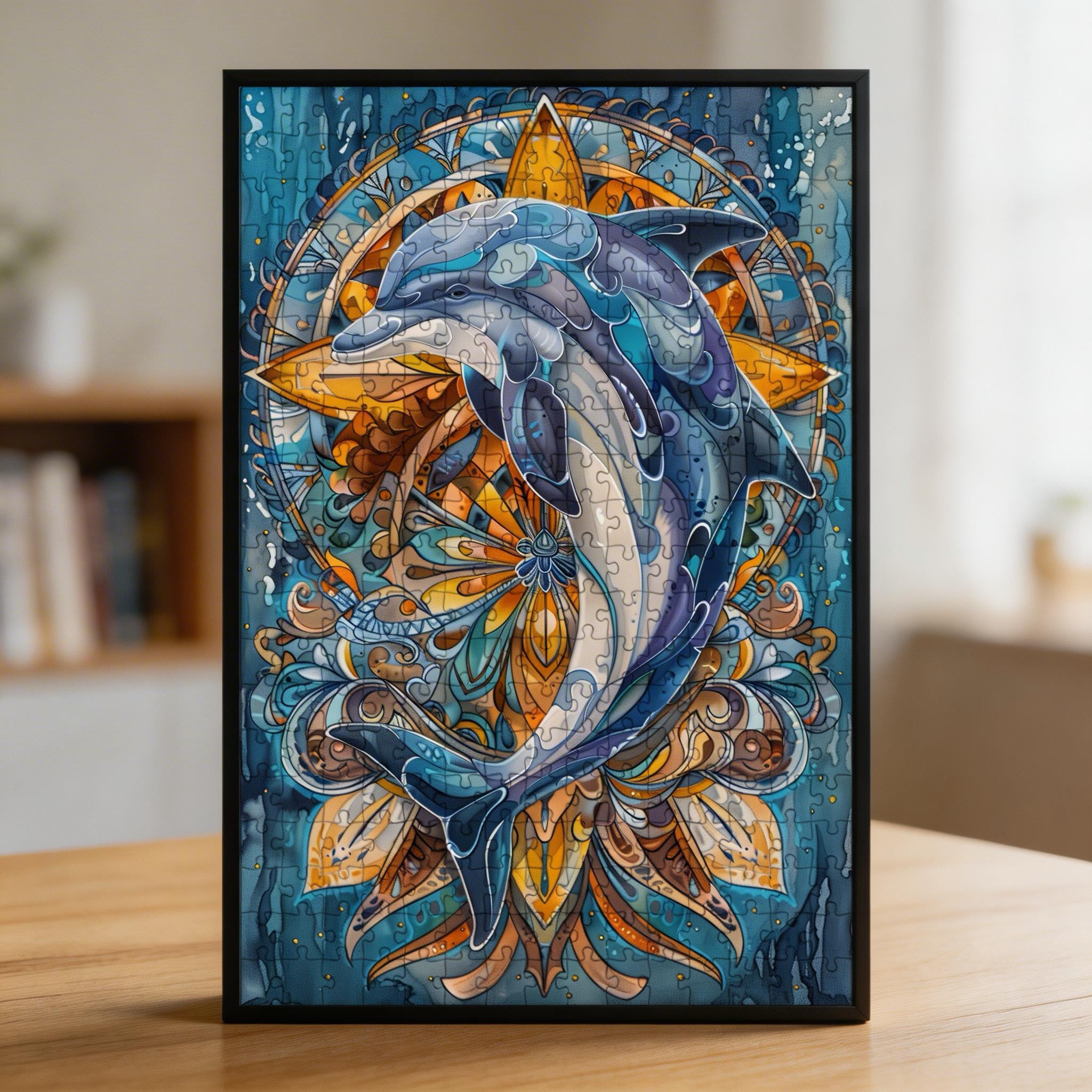Ocean Breeze Dolphin Mandala Wooden Jigsaw Puzzle - Serene Marine Animal Shaped Wood Puzzle