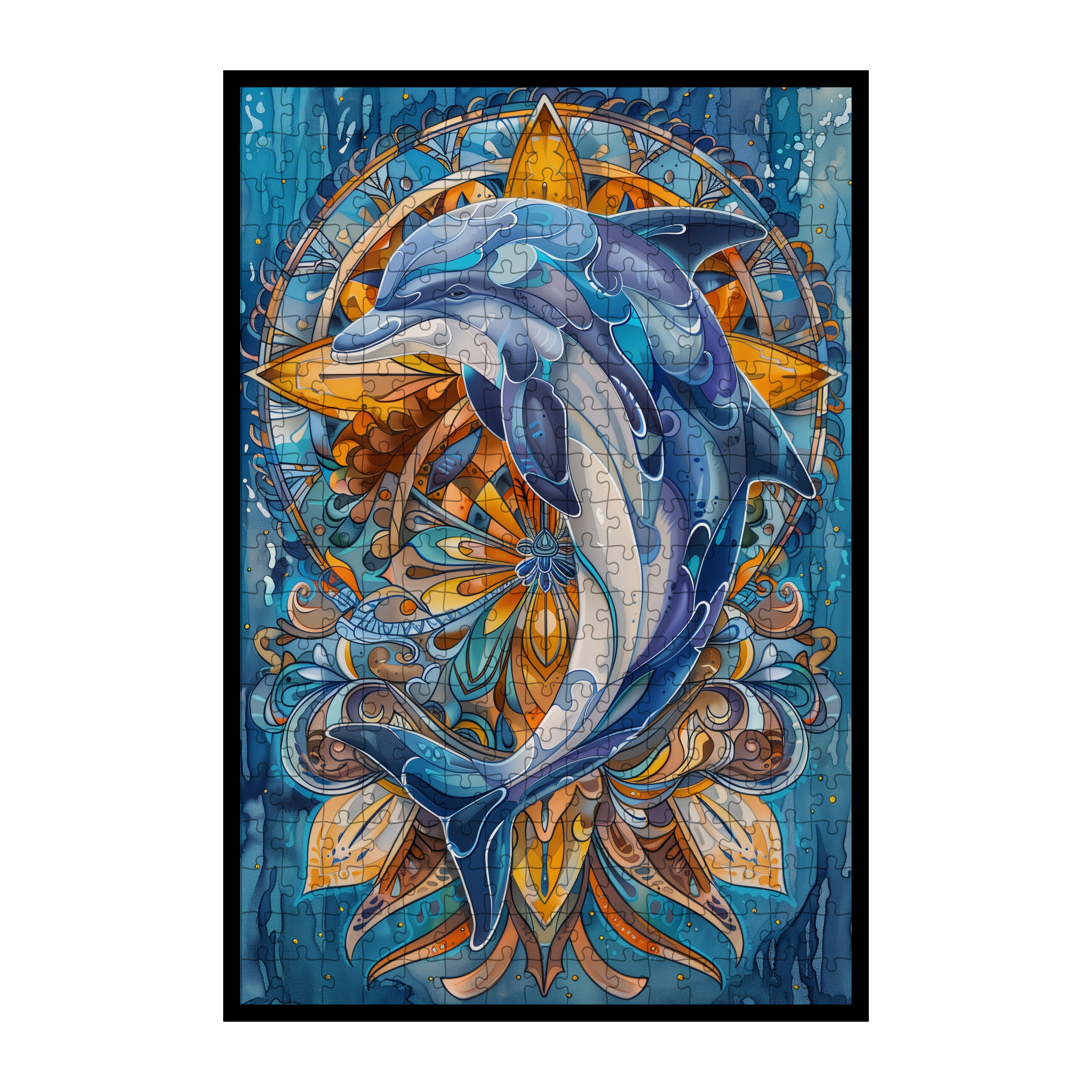 Ocean Breeze Dolphin Mandala Wooden Jigsaw Puzzle - Serene Marine Animal Shaped Wood Puzzle
