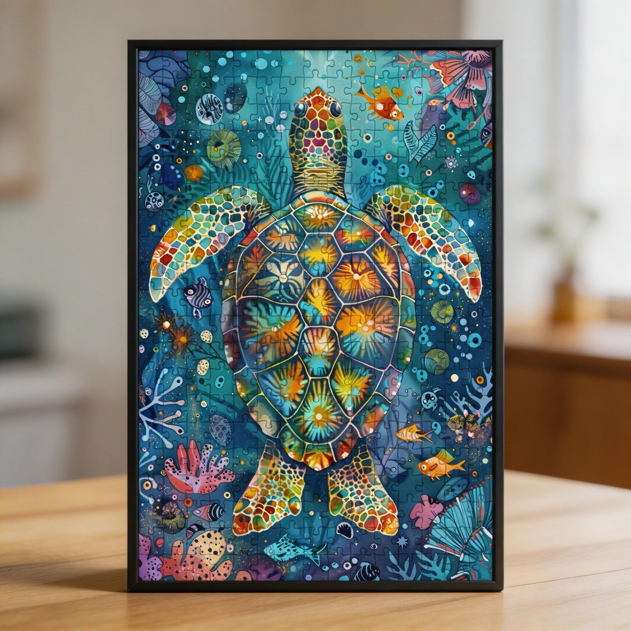 Ocean Sea Turtle Mandala Wooden Jigsaw Puzzle - Serene Marine Animal Shaped Wood Puzzle - Coastal Home Decor