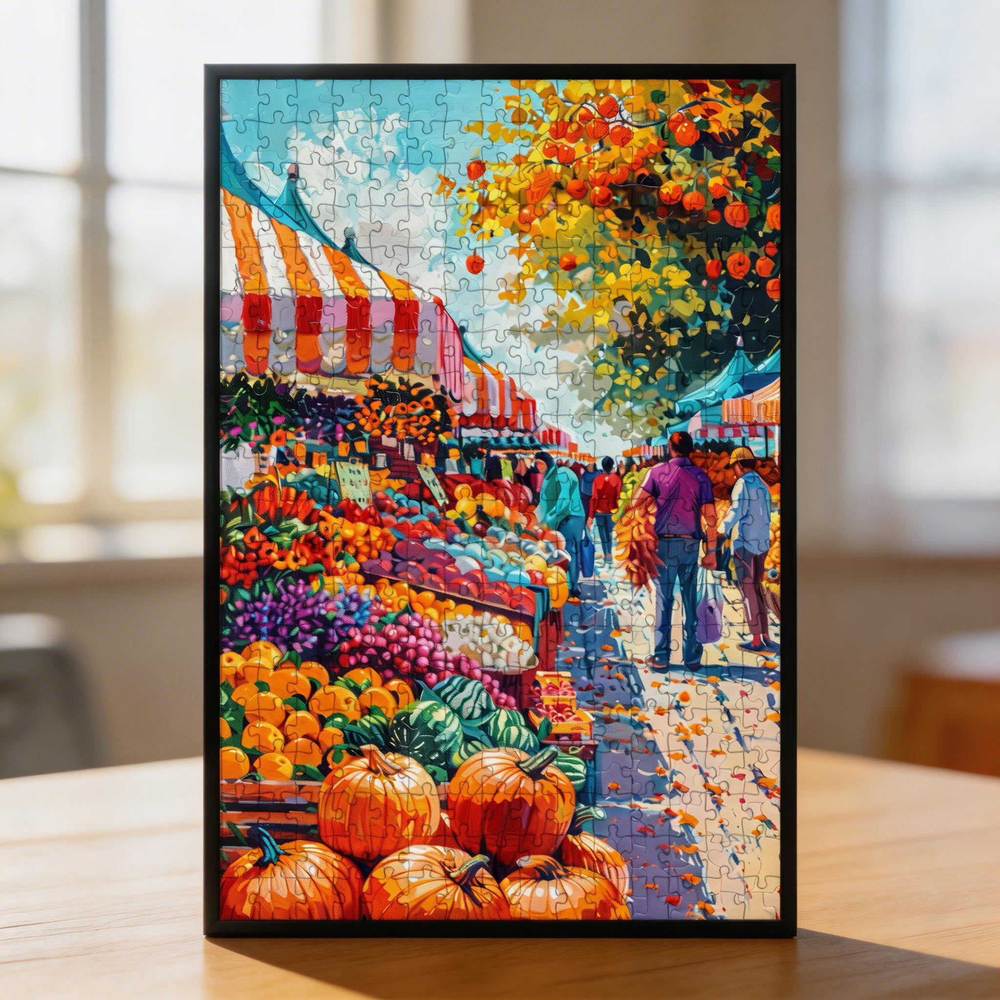 Oil Painting Style Fall Market Wooden Jigsaw Puzzle - Colorful Autumn Street Wood Puzzle