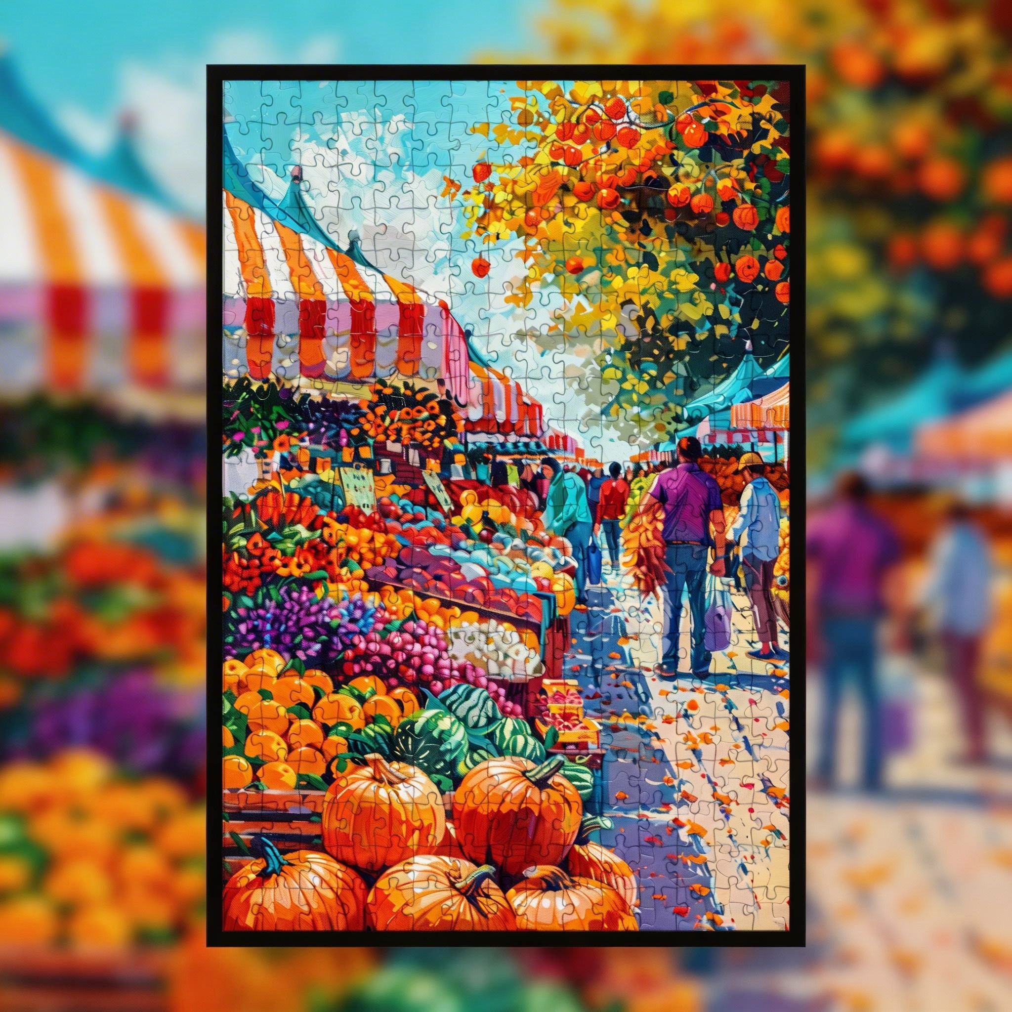 Oil Painting Style Fall Market Wooden Jigsaw Puzzle, Framed Colorful Street Decor