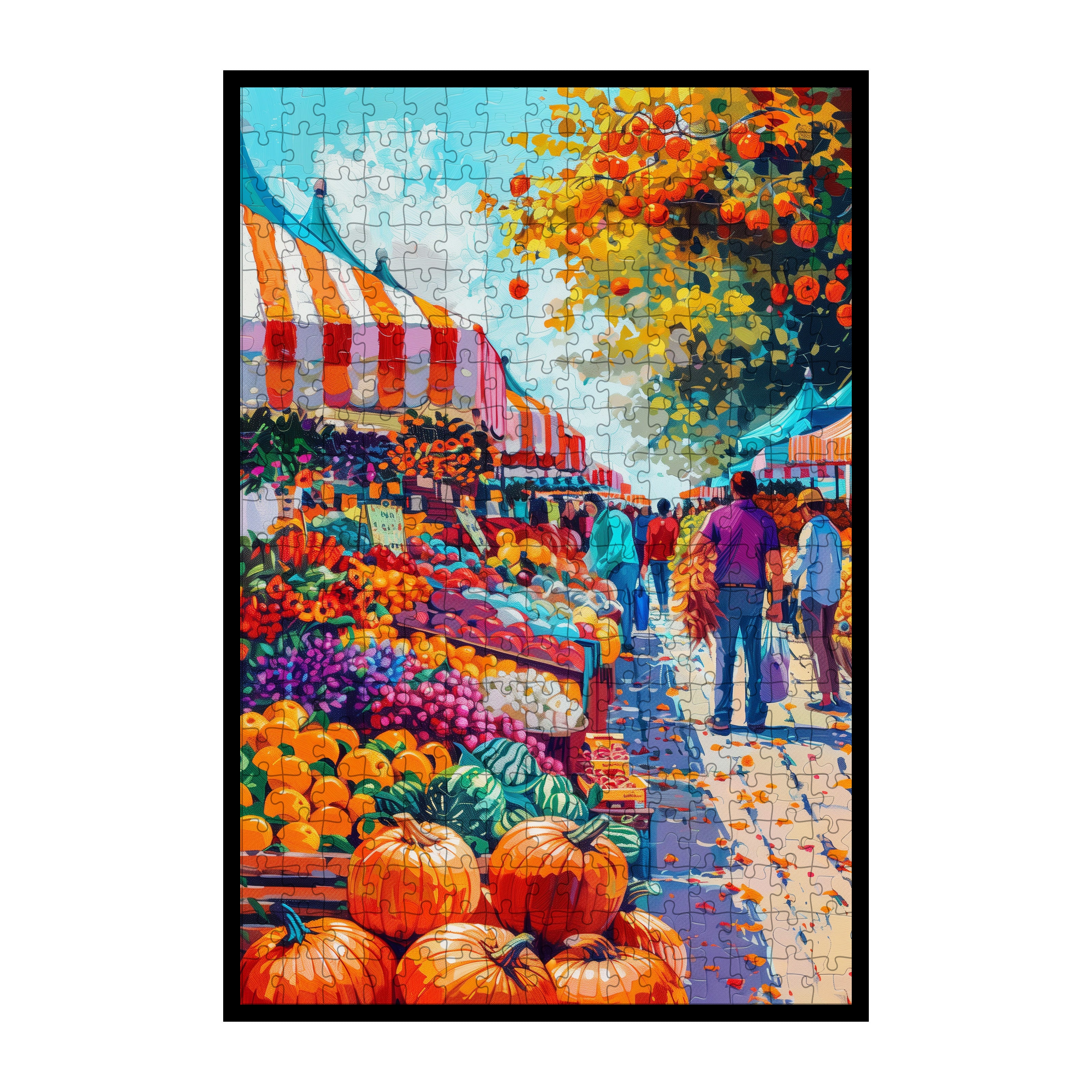 Oil Painting Style Fall Market Wooden Jigsaw Puzzle, Framed Colorful Street Decor