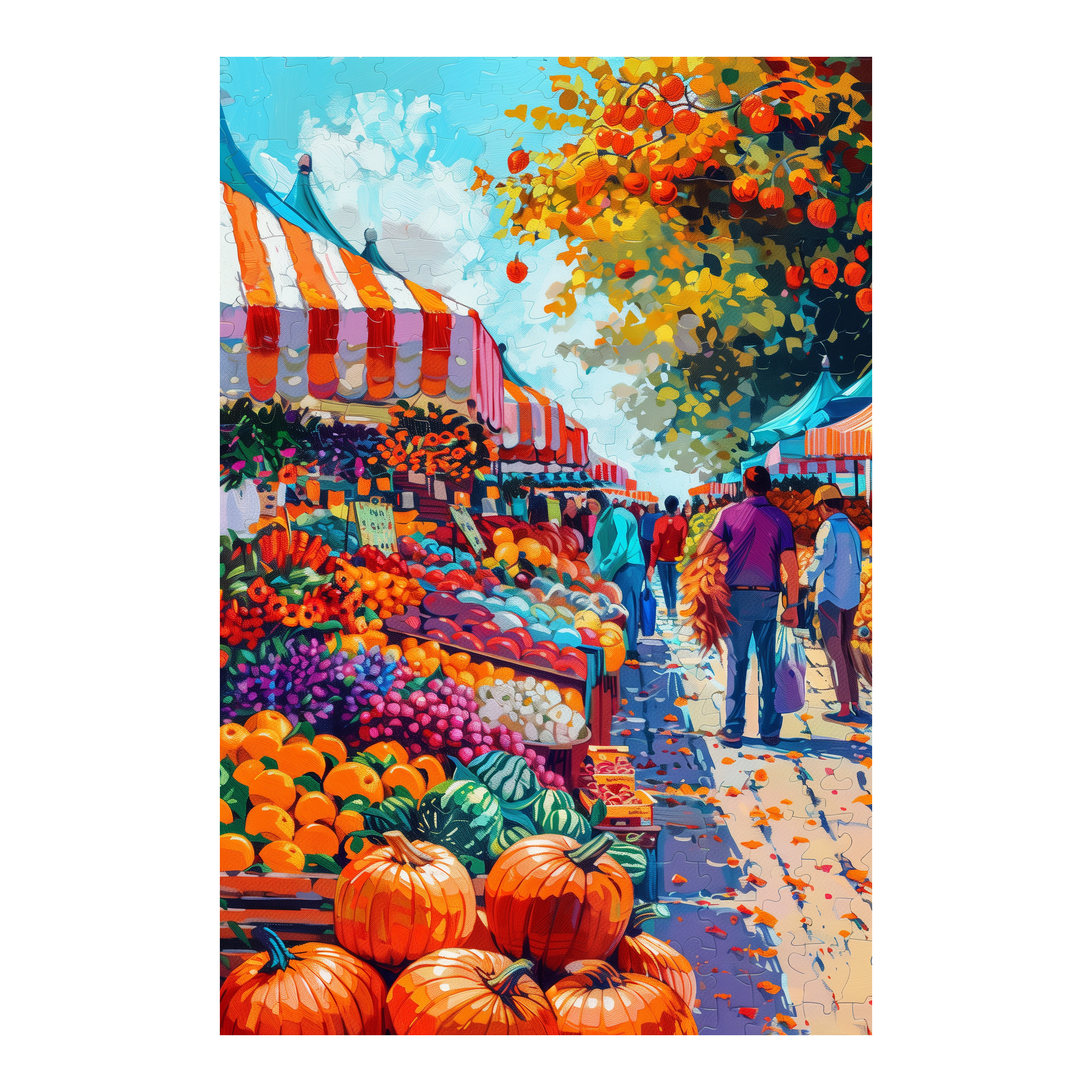 Oil Painting Style Fall Market Wooden Jigsaw Puzzle, Framed Colorful Street Decor