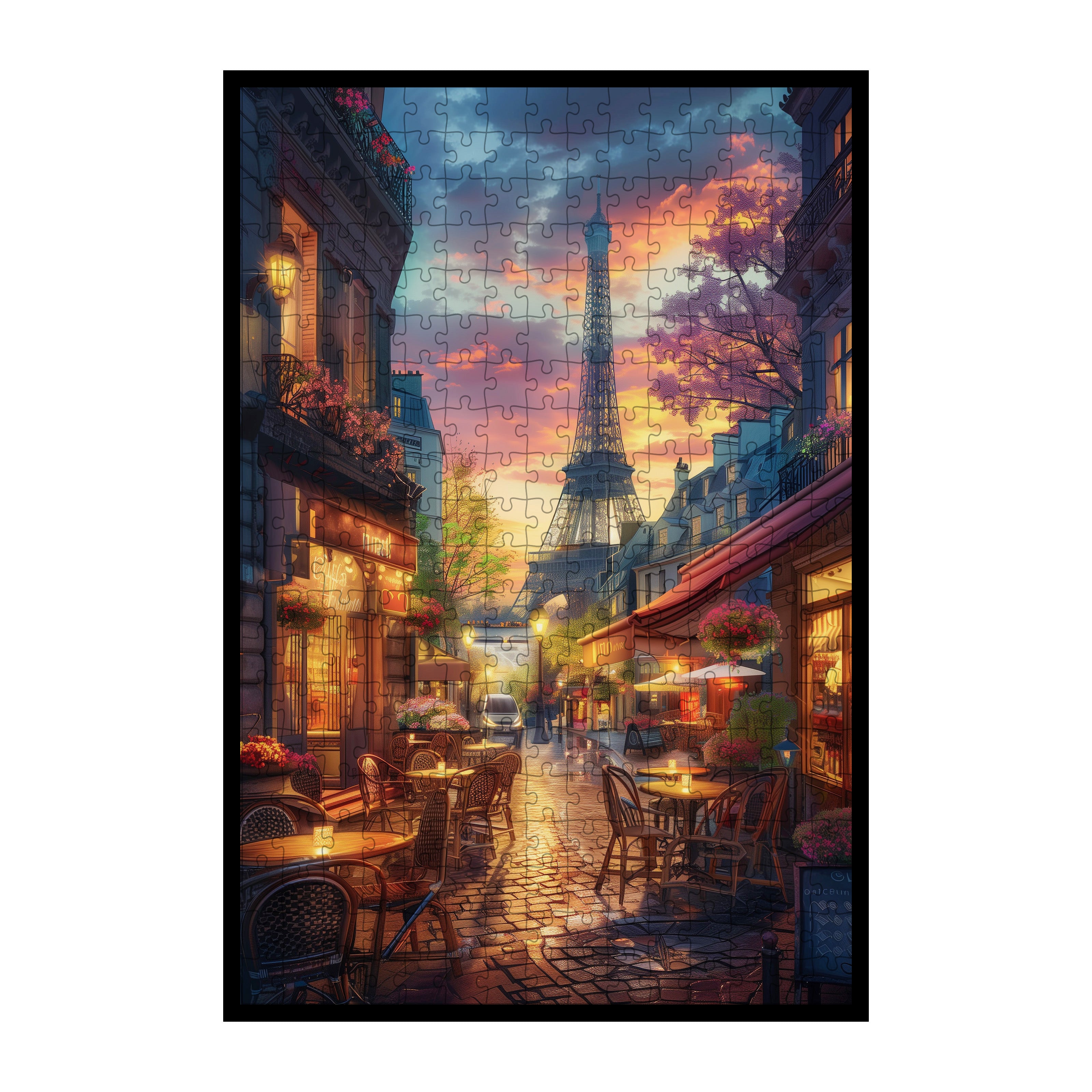 Paris Eiffel Tower Sunset Wooden Jigsaw Puzzle Framed, French Street Cafe Wall Decor