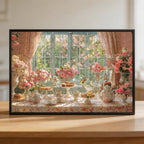 Pink Cherry Blossom Tea Party Wooden Jigsaw Puzzle - Floral Window Wood Puzzle