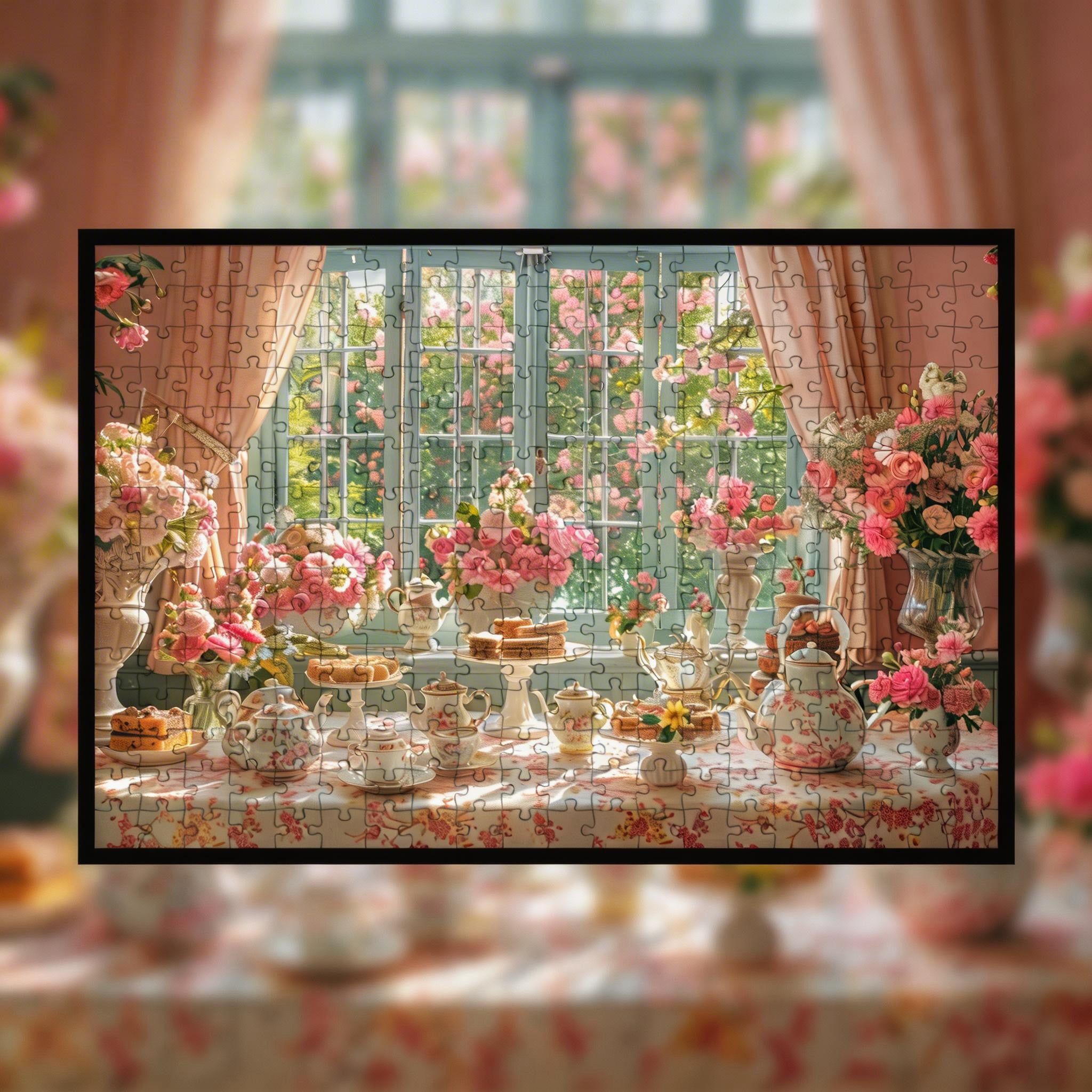 Pink Cherry Blossom Tea Party Wooden Jigsaw Puzzle Framed, Floral Window Wall Decor