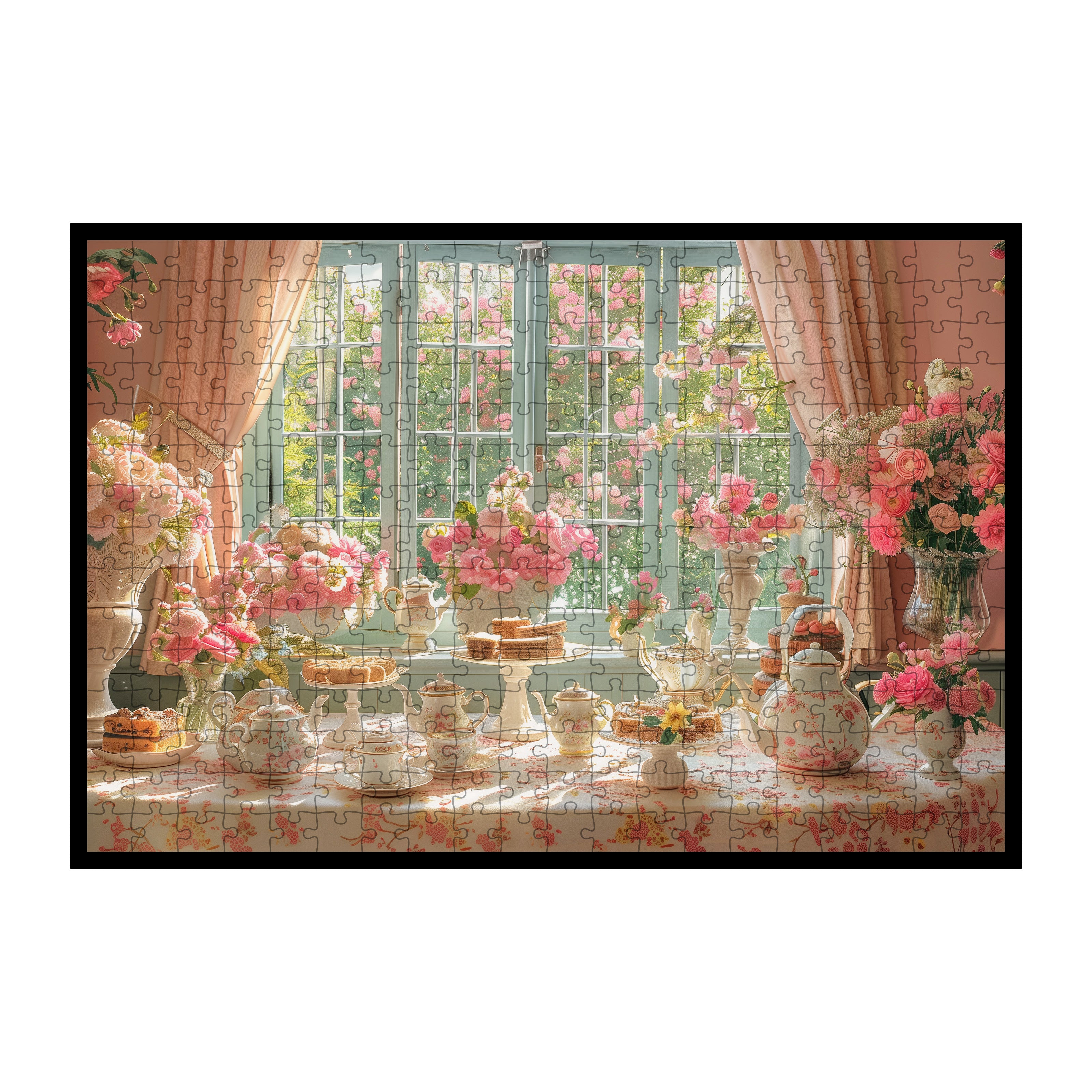 Pink Cherry Blossom Tea Party Wooden Jigsaw Puzzle Framed, Floral Window Wall Decor