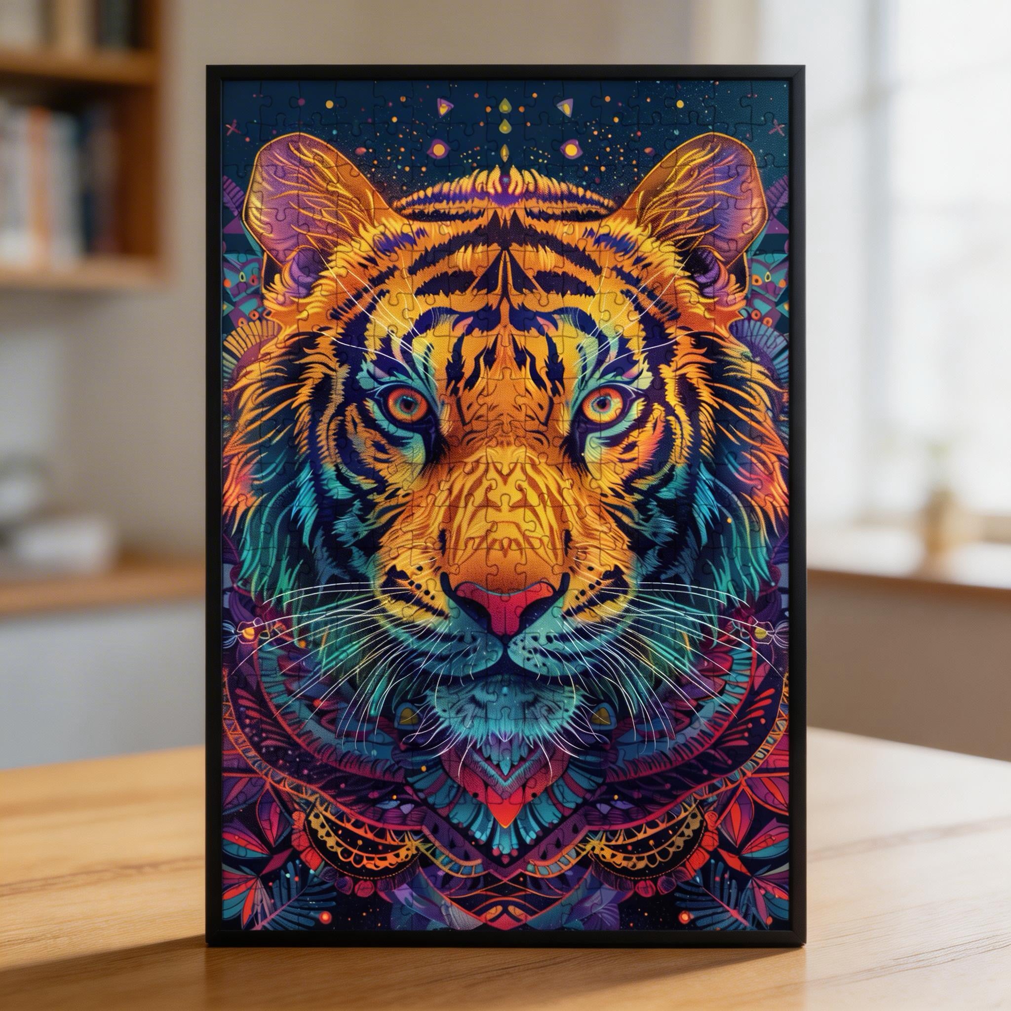 Powerful Tiger Mandala Wooden Jigsaw Puzzle - Bold Animal Shaped Wood Puzzle