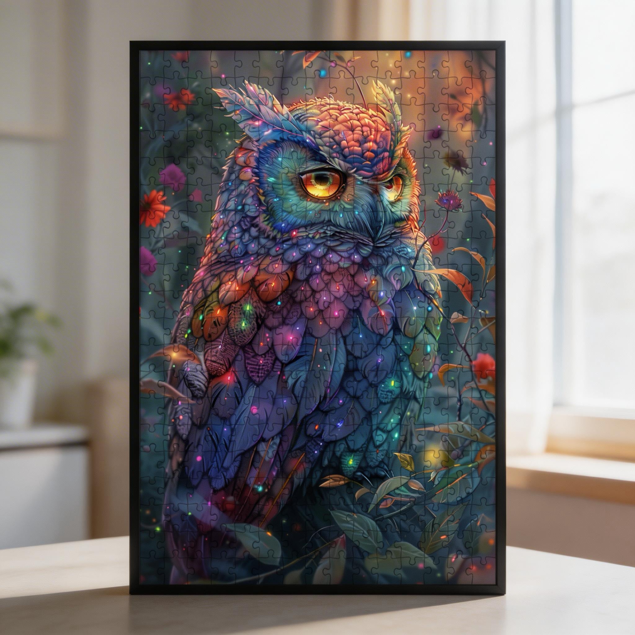 Rainbow Forest Owl Shaped Wooden Jigsaw Puzzle - Mystical Wildlife Bird Wood Puzzle