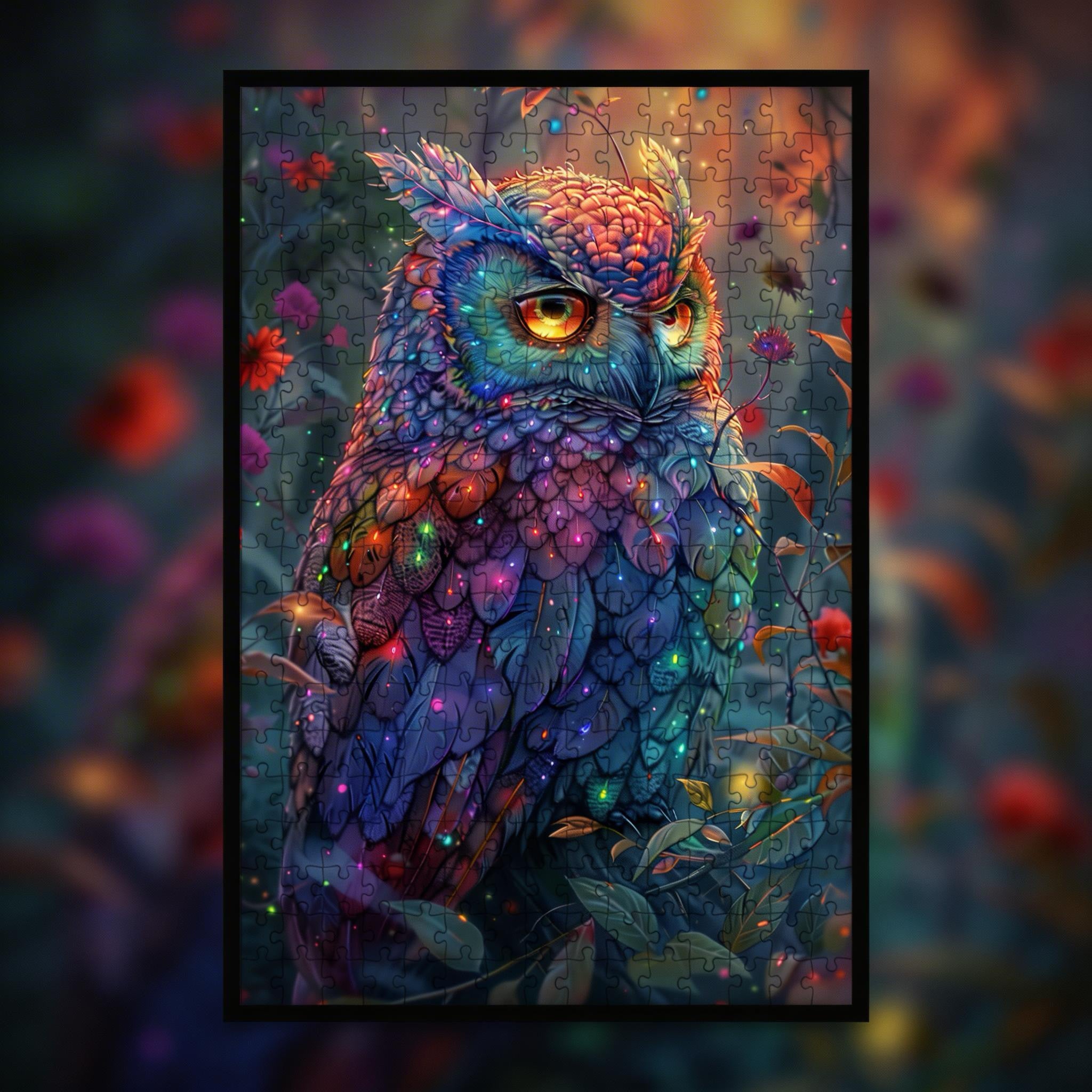 Rainbow Forest Owl Shaped Wooden Jigsaw Puzzle - Mystical Wildlife Bird Wood Puzzle