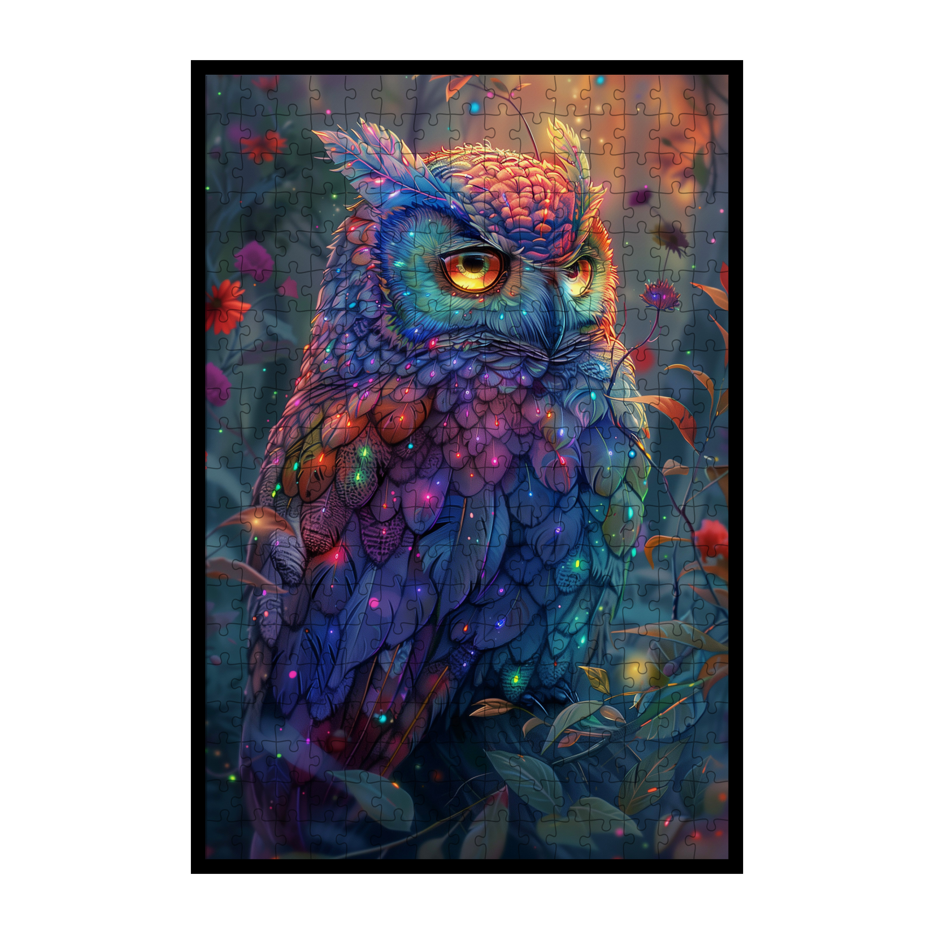Rainbow Forest Owl Shaped Wooden Jigsaw Puzzle - Mystical Wildlife Bird Wood Puzzle
