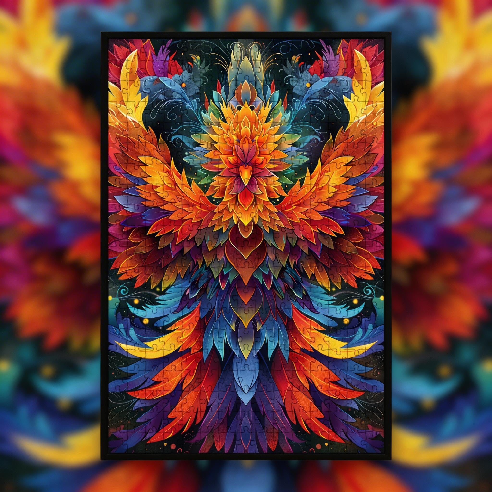 Rebirth Phoenix Mandala Wooden Jigsaw Puzzle - Vibrant Mythical Animal Shaped Wood Puzzle - Gift for HerHim