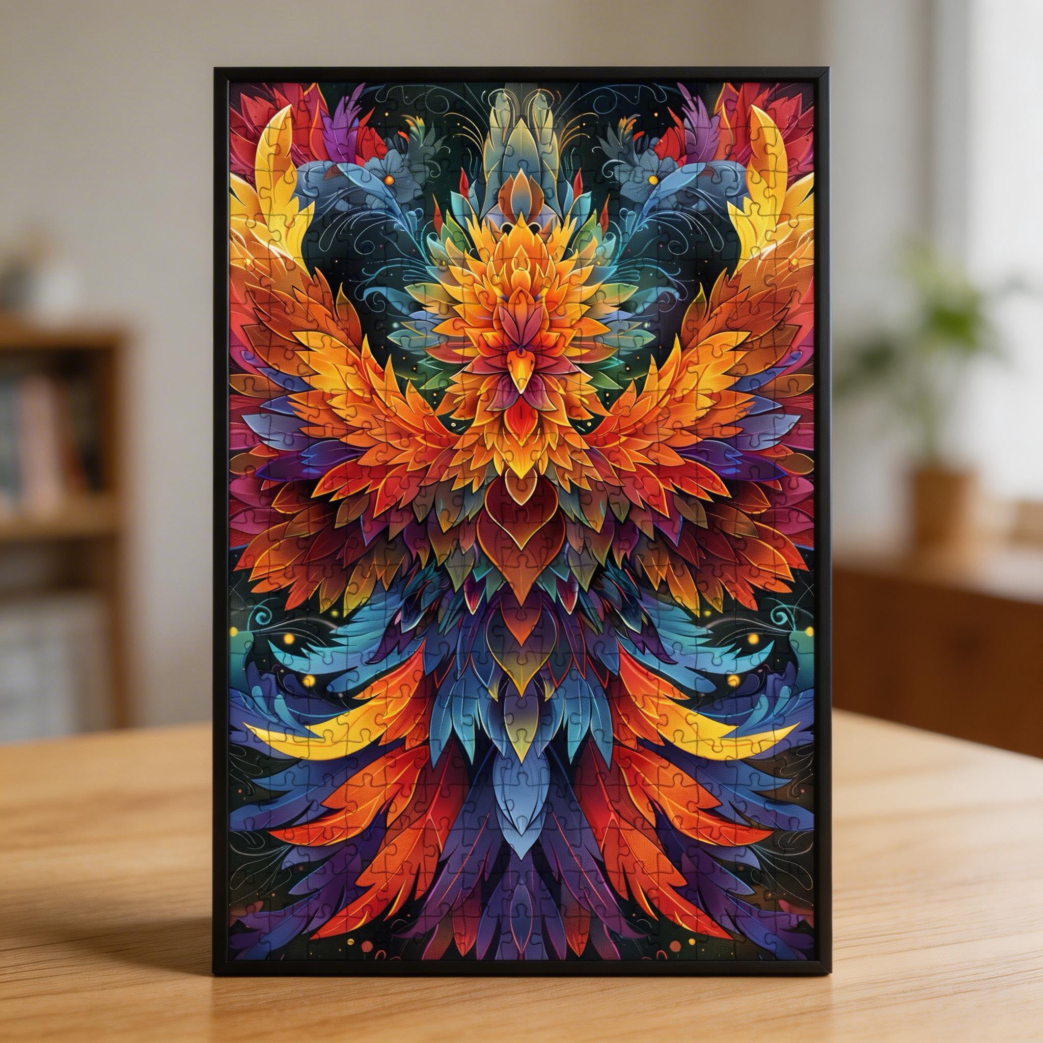 Rebirth Phoenix Mandala Wooden Jigsaw Puzzle - Vibrant Mythical Animal Shaped Wood Puzzle - Gift for HerHim