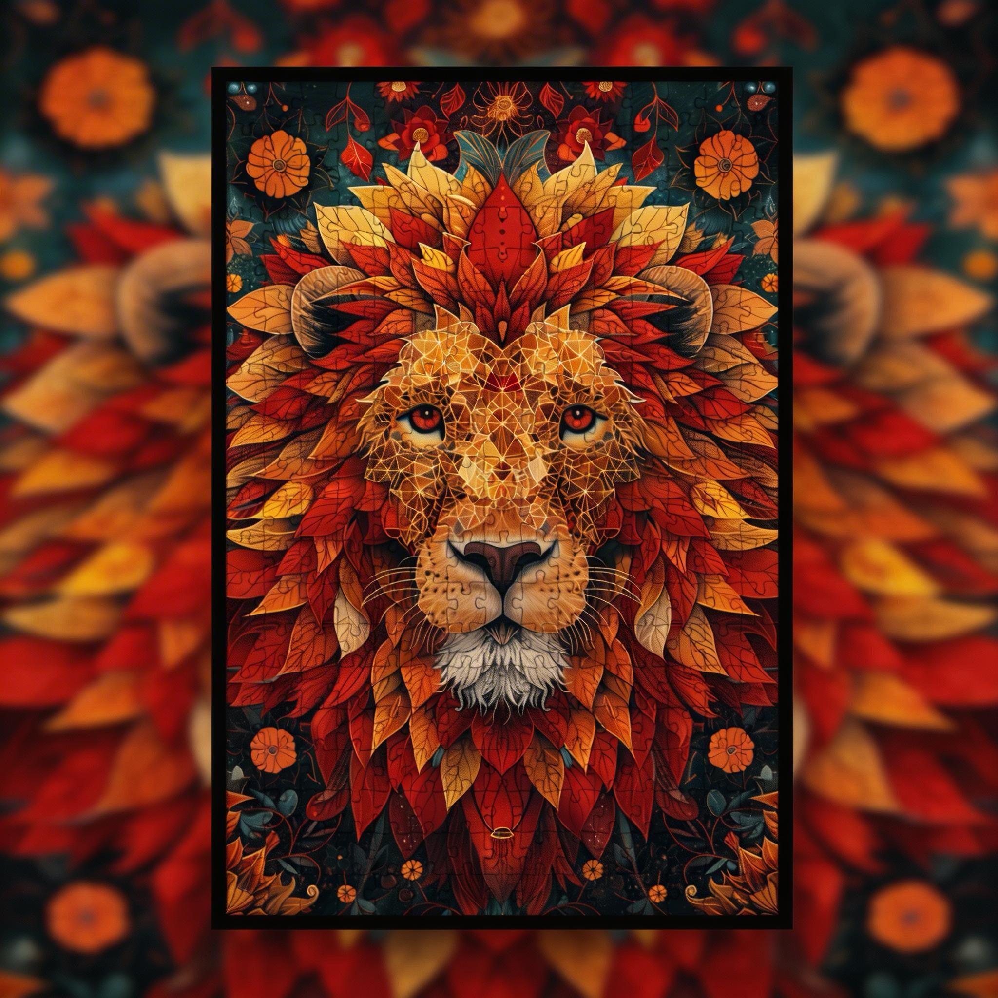 Regal Lion King Mandala Wooden Jigsaw Puzzle - Golden Mane Animal Shaped Wood Puzzle for Adults